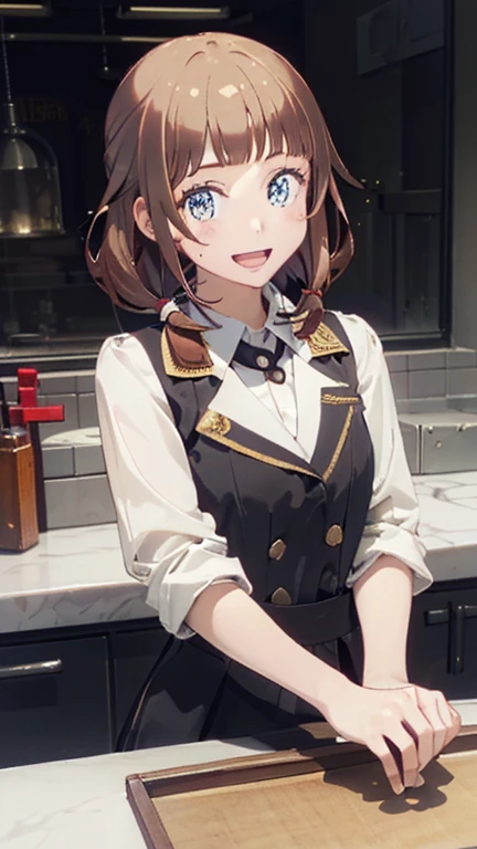 (highest quality:1.5),(8k,masterpiece, top quality, best quality,beautiful and aesthetic:1.2,professional illustrasion:1.1,ultra detail:1.3,perfect lighting),extremely detailed,highest detailed,incredibly absurdres , highres, ultra detailed,intricate:1.3,(Alchemy Workshop:1.4),A girl mixing,Medicine in many small bottles,colorful:1.4,zentangle,(1girl),(highly detailed beautiful face and eyes,firm breasts),real skin,((brown hair,short bob with short pony tail hair)),thin pubic hair:1.3,cute,lovely,,alchemist costume,smile,in the kitchen,smile,seductive weak smiling,(with sparkling eyes and a contagious smile),open mouth, Looking at Viewer,