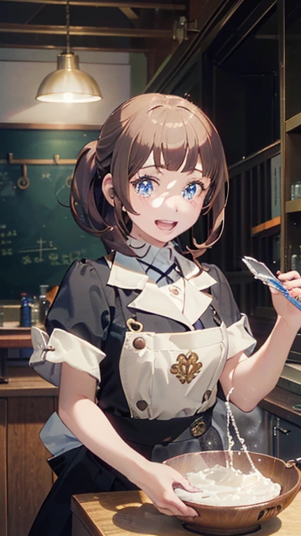 (highest quality:1.5),(8k,masterpiece, top quality, best quality,beautiful and aesthetic:1.2,professional illustrasion:1.1,ultra detail:1.3,perfect lighting),extremely detailed,highest detailed,incredibly absurdres , highres, ultra detailed,intricate:1.3,(Alchemy Workshop:1.4),A girl mixing,Medicine in many small bottles,colorful:1.4,zentangle,(1girl),(highly detailed beautiful face and eyes,firm breasts),real skin,((brown hair,short bob with short pony tail hair)),thin pubic hair:1.3,cute,lovely,17 years old,alchemist costume,smile,in the kitchen,smile,seductive weak smiling,(with sparkling eyes and a contagious smile),open mouth, Looking at Viewer,