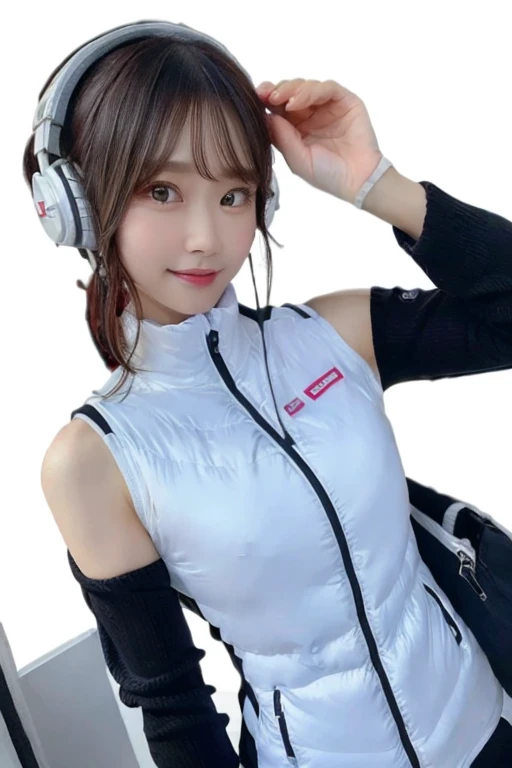 An innocent 20-year-old girl、((White tank top, Dramatic Pose)),smile,BREAK (Spacecraft control room background):2,、BREAK RAW Photos, (8k、highest quality、masterpiece:1.2)、(Intricate details:1.4)、(Photorealistic:1.4)、Octane Rendering、Complex 3D rendering with ultra-detail, Studio Soft Light, Rim Light, Vivid details, Super Detail, Realistic skin texture, Detailed aspect, Beautiful details in the eyes, Highly detailed CG Unity 16k wallpaper, compensate, (Detailed Background:1.2), Glowing Skin, whole body、(astrovest):2,(black long sleeves):5,headphone,smartwatch,((Standing with hands behind back、Leaning forward、Angle from above))