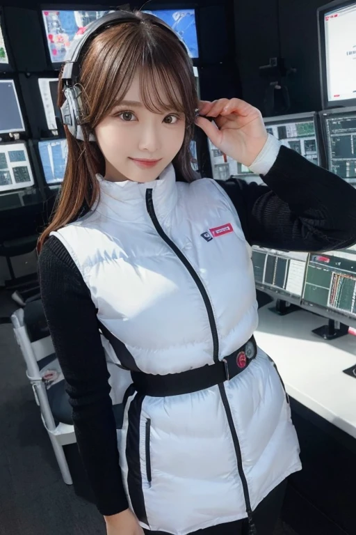 An innocent 20-year-old girl、((White tank top, Dramatic Pose)),smile,BREAK (Spacecraft control room background):2,、BREAK RAW Photos, (8k、highest quality、masterpiece:1.2)、(Intricate details:1.4)、(Photorealistic:1.4)、Octane Rendering、Complex 3D rendering with ultra-detail, Studio Soft Light, Rim Light, Vivid details, Super Detail, Realistic skin texture, Detailed aspect, Beautiful details in the eyes, Highly detailed CG Unity 16k wallpaper, compensate, (Detailed Background:1.2), Glowing Skin, whole body、(astrovest):2,(black long sleeves):5,headphone,smartwatch,((Standing with hands behind back、Leaning forward、Angle from above))