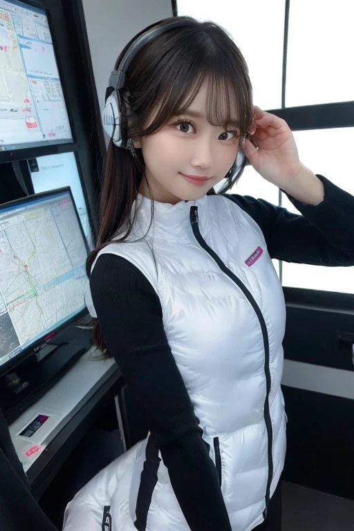 An innocent 20-year-old girl、((White tank top, Dramatic Pose)),smile,BREAK (Spacecraft control room background):2,、BREAK RAW Photos, (8k、highest quality、masterpiece:1.2)、(Intricate details:1.4)、(Photorealistic:1.4)、Octane Rendering、Complex 3D rendering with ultra-detail, Studio Soft Light, Rim Light, Vivid details, Super Detail, Realistic skin texture, Detailed aspect, Beautiful details in the eyes, Highly detailed CG Unity 16k wallpaper, compensate, (Detailed Background:1.2), Glowing Skin, whole body、(astrovest):2,(black long sleeves):5,headphone,smartwatch,((Standing with hands behind back、Leaning forward、Angle from above))