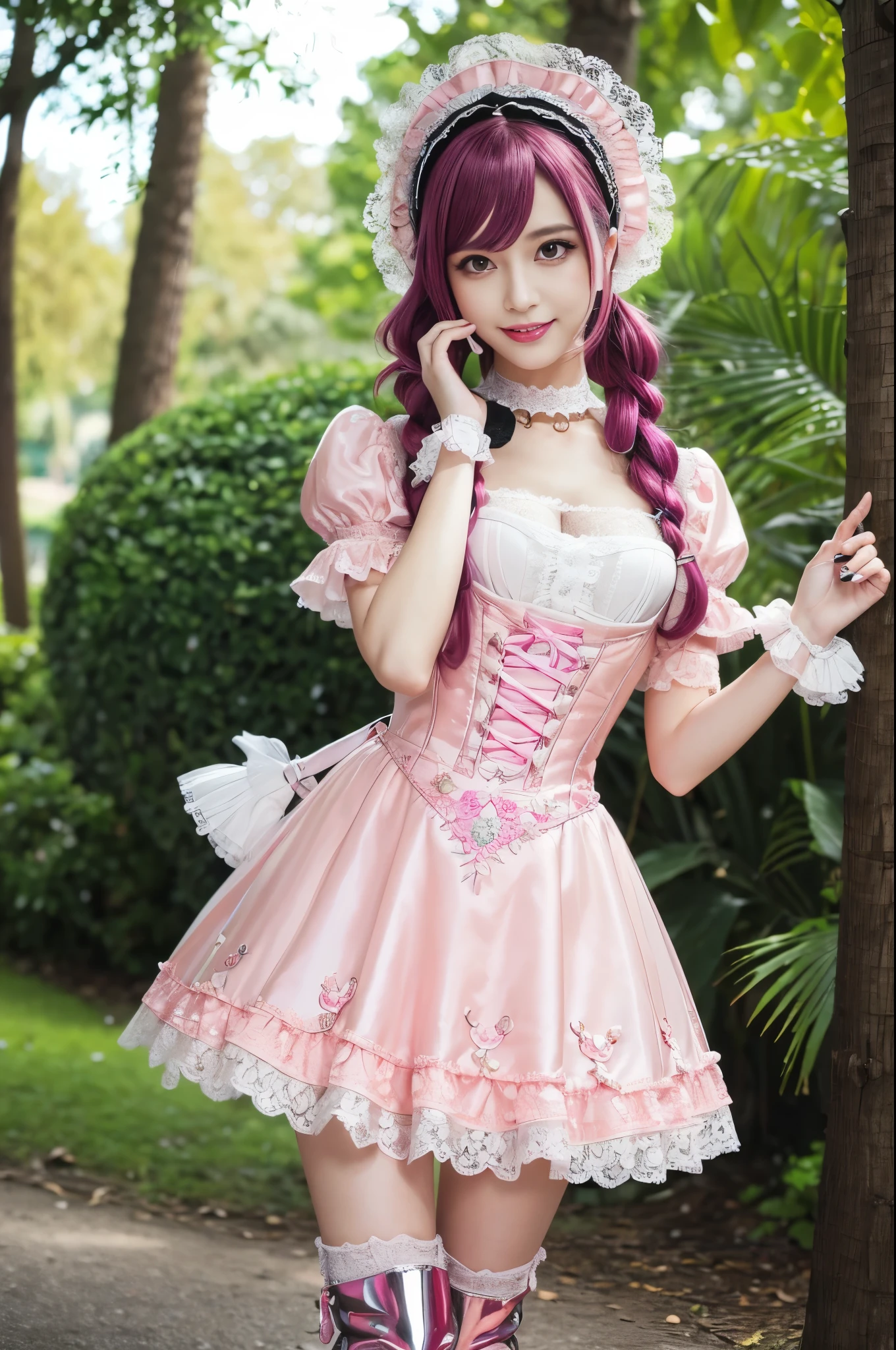 sexy stylish Swedish model, only 1 female, ((doll-like appearance)), long neon pink stylish hair, ((shiny Victorian-Style boots)), (big smile), ultra detailed eyes, vivid eye makeup, lipgloss, long lashes, defined eyebrows, ((sexy Paradise Kiss cosplay)), bell-shaped skirt, petticoats, high neckline, puffed sleeves, (( ultra detailed lace)), ((ultra detailed embroidery)), intricate details, Paradise Kiss accessoires and matching headpiece, choker, ((large sparkling Paradise Kiss jewelry)), cinematic light, detailed large park background with trees