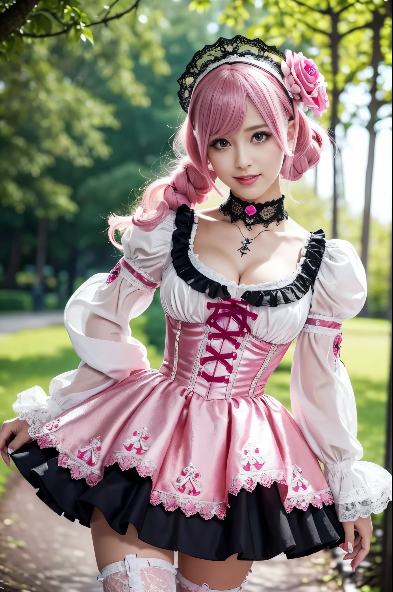 sexy stylish Swedish model, only 1 female, ((doll-like appearance)), long neon pink stylish hair, ((shiny Victorian-Style boots)), (big smile), ultra detailed eyes, vivid eye makeup, lipgloss, long lashes, defined eyebrows, ((sexy Paradise Kiss cosplay)), bell-shaped skirt, petticoats, high neckline, puffed sleeves, (( ultra detailed lace)), ((ultra detailed embroidery)), intricate details, Paradise Kiss accessoires and matching headpiece, choker, ((large sparkling Paradise Kiss jewelry)), cinematic light, detailed large park background with trees