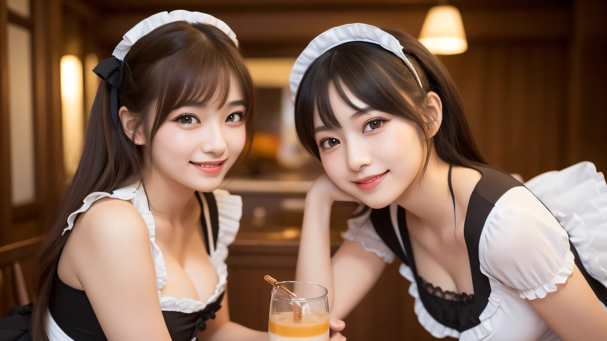 (2girl), kawaii face, (cute smile:1.2), (maid cafe costume, costume with frills, mini skirt:1.2), (best Quality:1.4), (hyper-realistic, hight resolution), Professional Photography, standing, Indoor, (maid cafe), Close up portrait of girl, staring at me, cleavage, (Fine face:1.2),