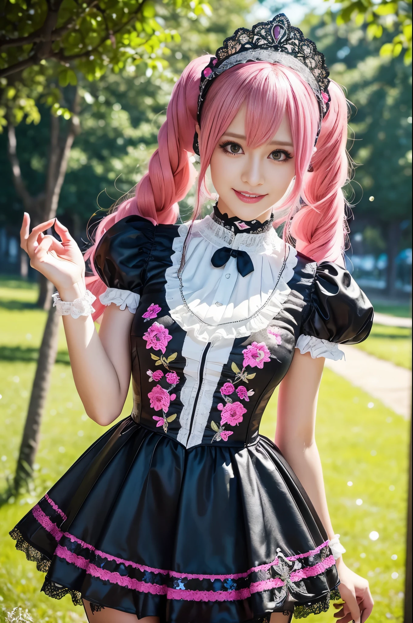 sexy stylish Swedish model, only 1 female, ((doll-like appearance)), long neon pink stylish hair, ((shiny Victorian-Style boots)), (big smile), ultra detailed eyes, vivid eye makeup, lipgloss, long lashes, defined eyebrows, ((sexy Paradise Kiss cosplay)), bell-shaped skirt, petticoats, high neckline, puffed sleeves, (( ultra detailed lace)), ((ultra detailed embroidery)), intricate details, Paradise Kiss accessoires and matching headpiece, choker, ((large sparkling Paradise Kiss jewelry)), cinematic light, detailed large park background with trees