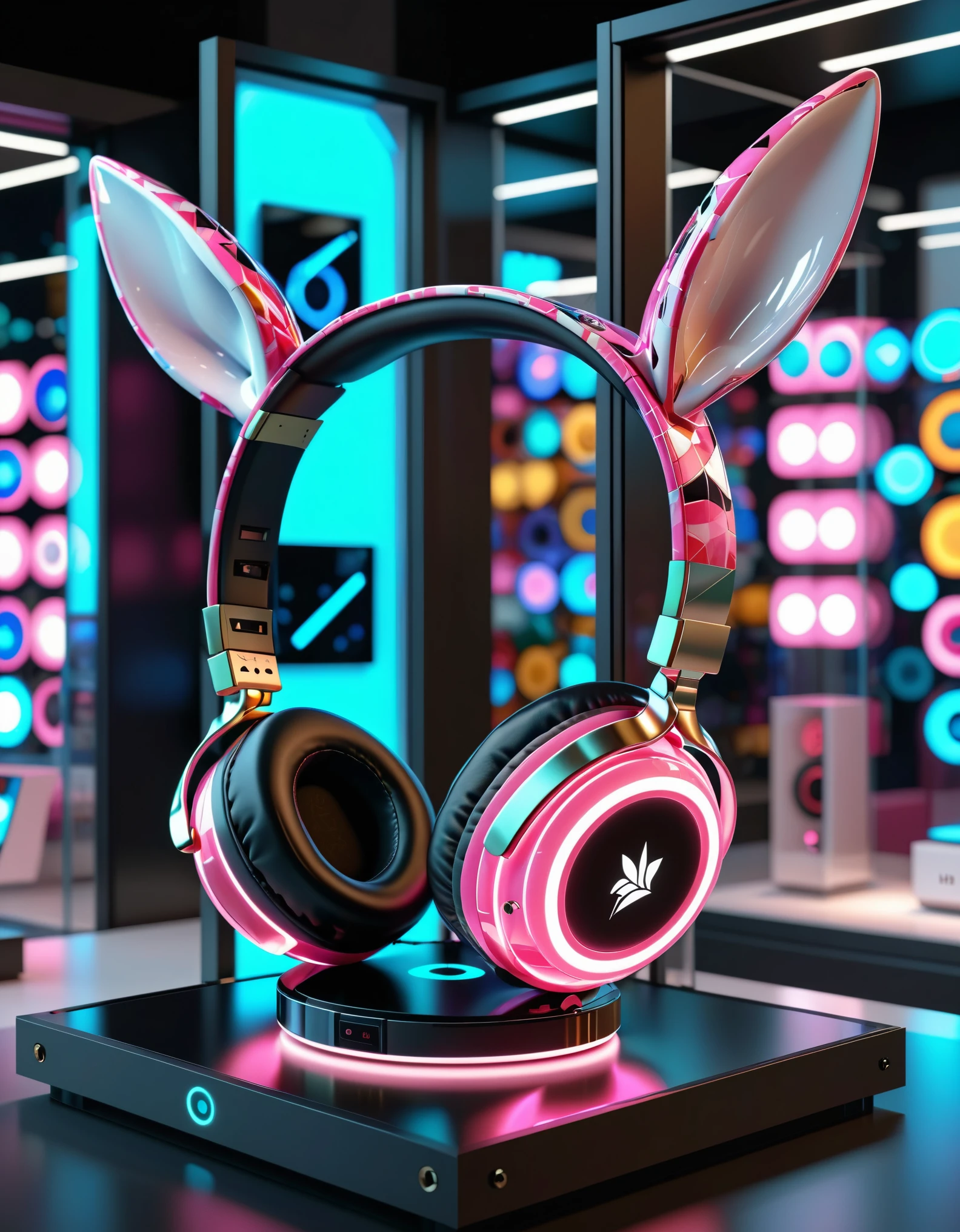 a futuristic rabbit ear headphones design, rabbit ears headphones:1.2, pink and white, sleek and streamlined, carbon fiber material, rabbit pattern, 3d render, octane render, 8k, UHD, highly detailed, on a glass display case, glowing, indoor lighting, hyper realism, in a store setting, front view,Millefiori glass style