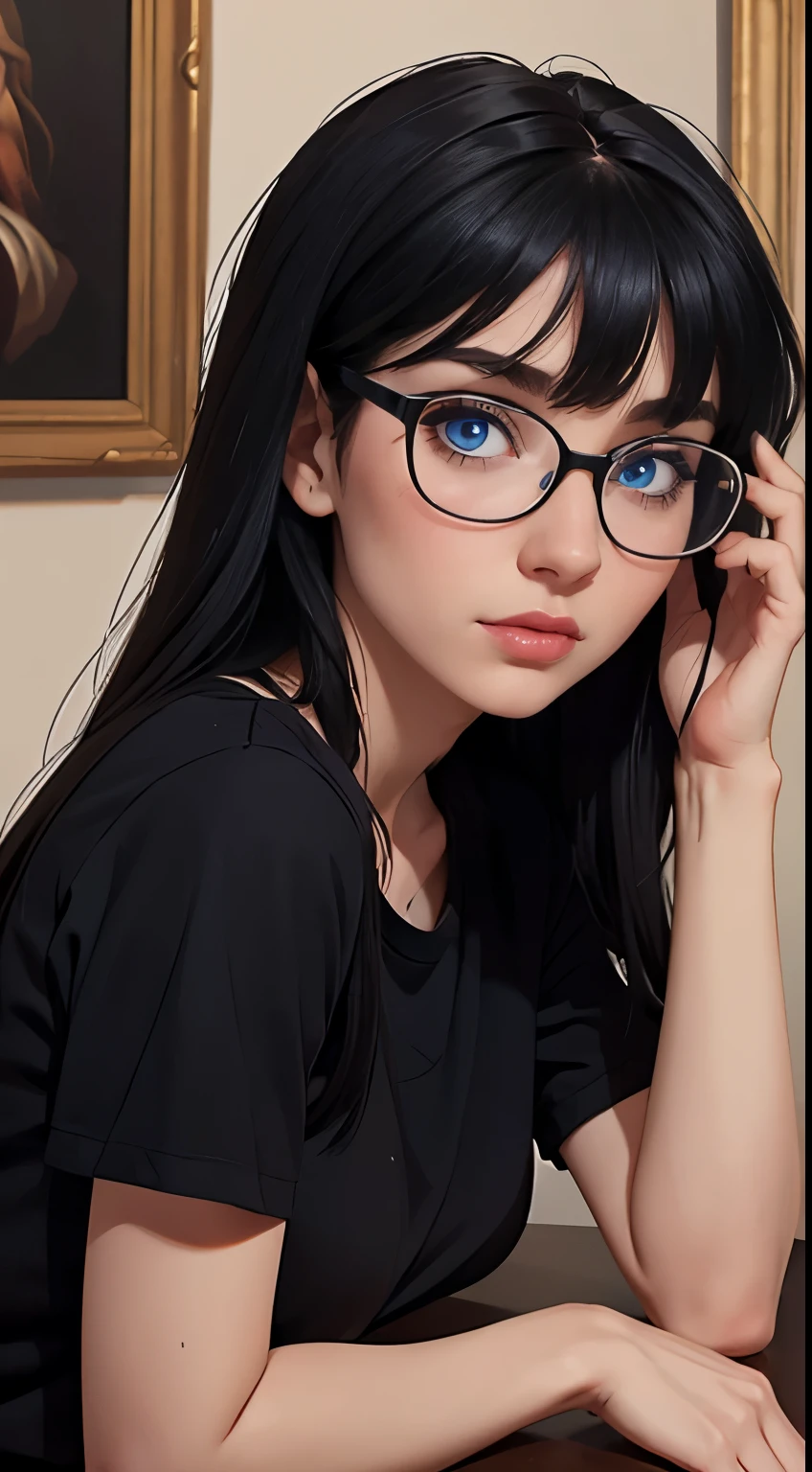 masterpiece, best quality:1.4), portrait Solo, female, woman, european, blue eyes, glasses, soft hair, black hair, ,lon bangs, long black hair, pale skin, casual clothes, cute, 