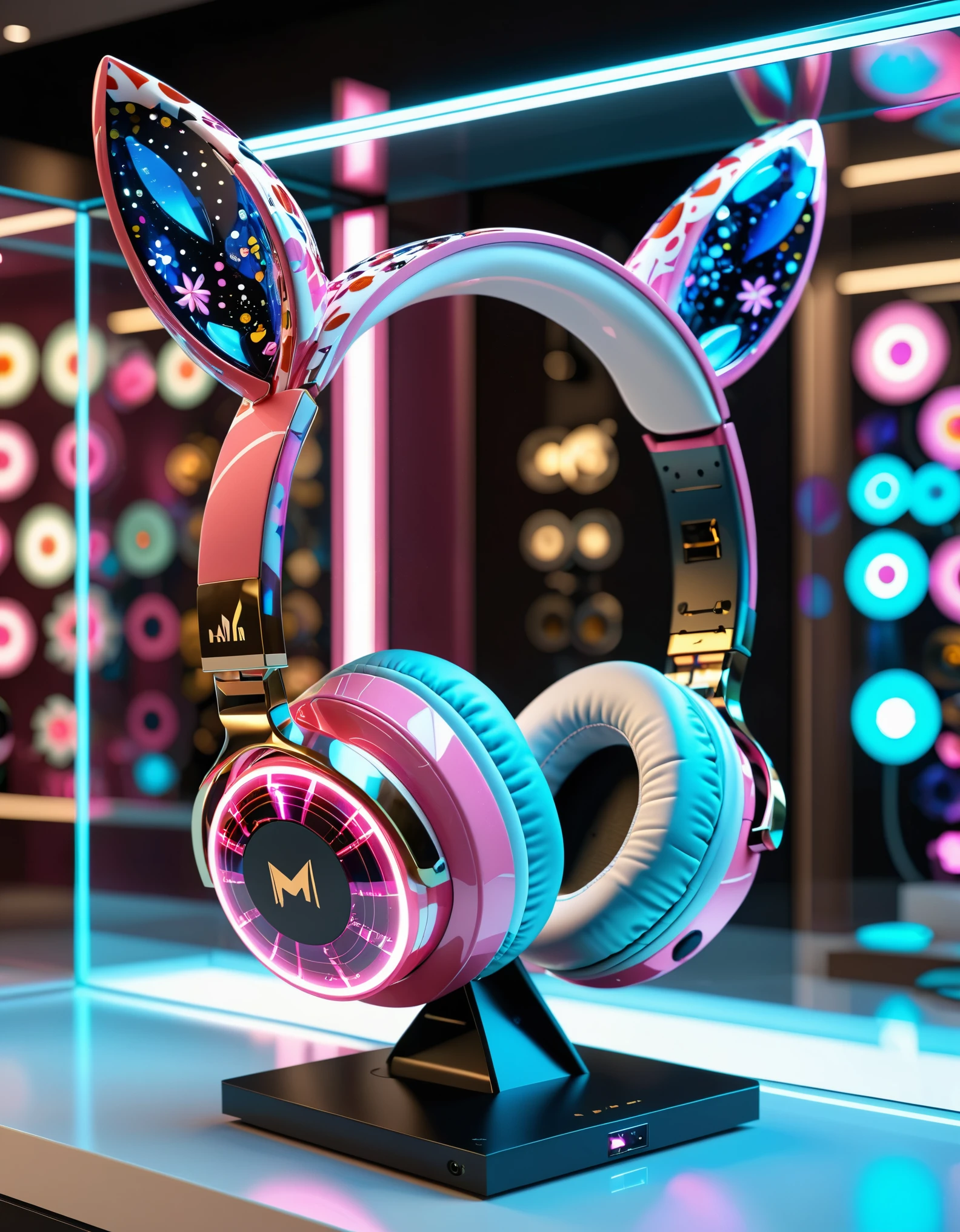a futuristic rabbit ear headphones design, rabbit ears headphones:1.2, pink and white, sleek and streamlined, carbon fiber material, rabbit pattern, 3d render, octane render, 8k, UHD, highly detailed, on a glass display case, glowing, indoor lighting, hyper realism, in a store setting, front view,Millefiori glass style