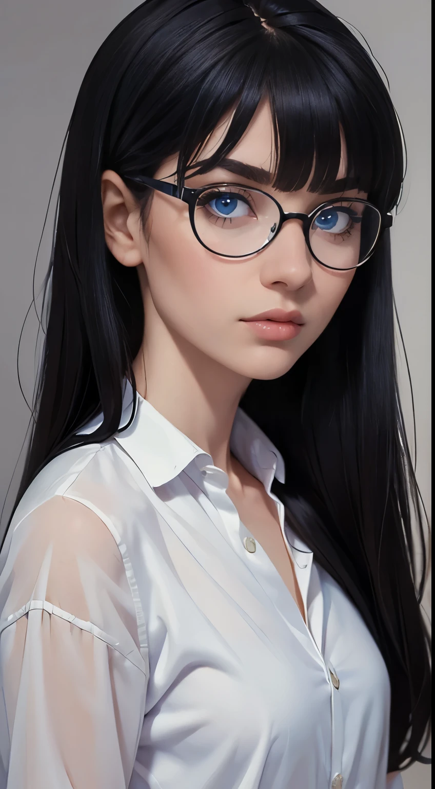 masterpiece, best quality:1.4), portrait Solo, female, woman, european, blue eyes, glasses, black hair, long black hair, pale skin, casual clothes, serious eyes,