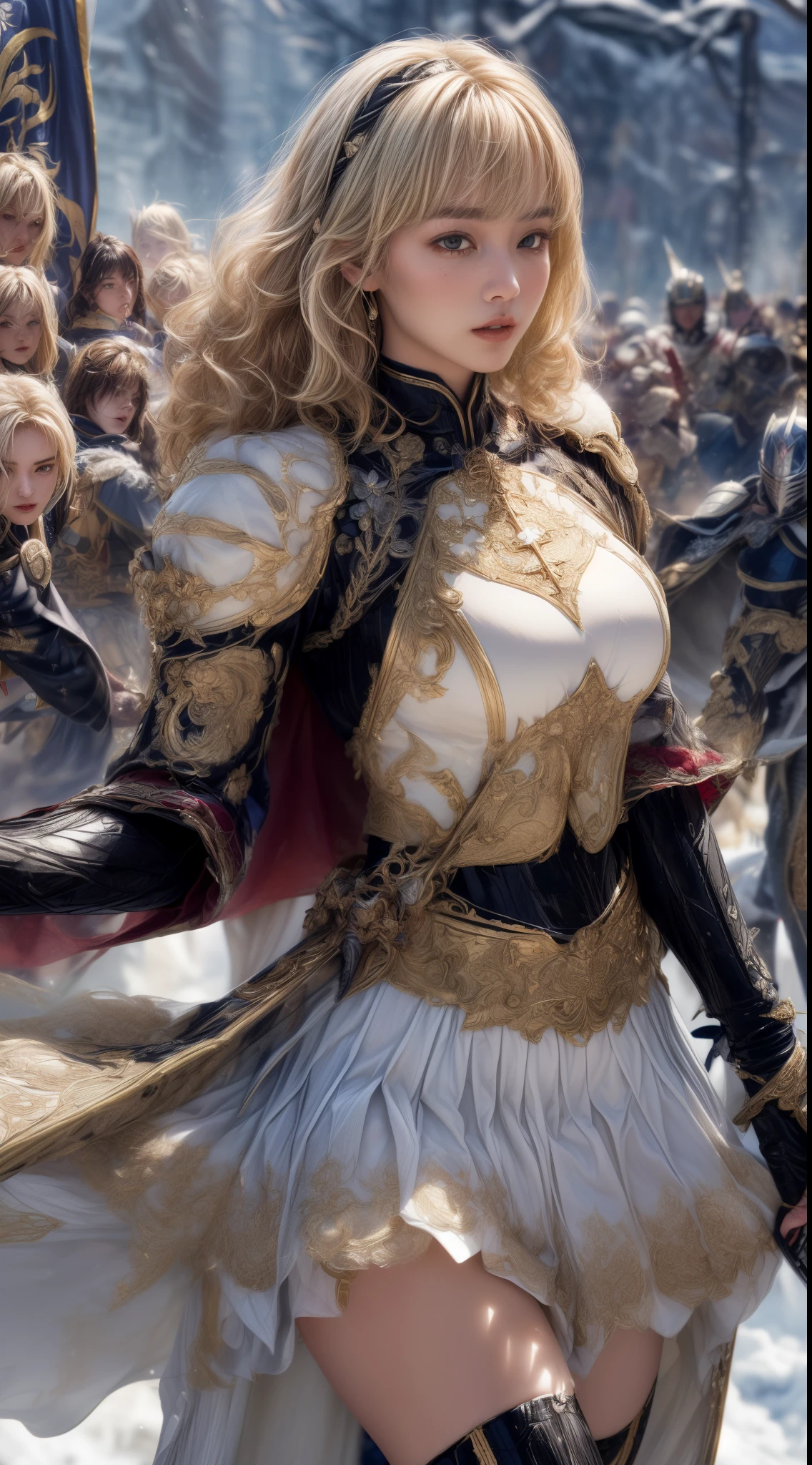 Very beautiful woman、Slender women、(Detailed face)、Realistic Skin、((holy knight)), ((Pearl White Armor))、((((Black armor with very fine and intricate decoration:1.1))))、((Delicate photo)),(Girl Astepeace RAW Photo Details:1.25), (highest quality:1.6), (超A high resolution:1.5), (Realistic:1.75), 8K resolution, Canon EOS R5, 50mm, Absurd, Ultra-detailed,Cinema Lighting,((battlefield))、((battle))、(((White skirt with embellishments)))、Thigh-high socks、Shin Guards、((Blonde))、((Curly Hair))、((Drill Hair))、((Wavy short hair with bangs,))、Get six-pack、Cape、Beautiful Armor、(((Has a huge weapon)))、(In combat)、The wind is blowing、((Symmetrical Armor))、((((Blizzard))))、(((Leading a large group of knights:1.2)))、Banner、