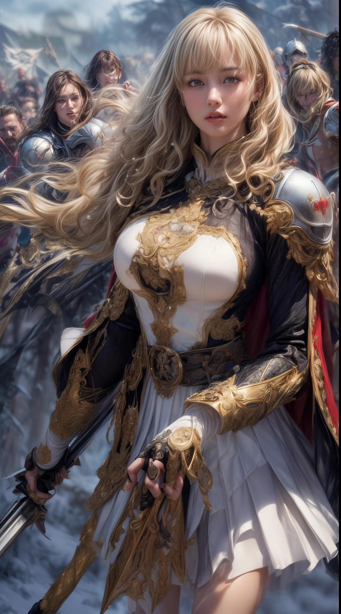 Very beautiful woman、Slender women、(Detailed face)、Realistic Skin、((holy knight)), ((Pearl White Armor))、((((Black armor with very fine and intricate decoration:1.1))))、((Delicate photo))，(Girl Astepeace RAW Photo Details:1.25), (highest quality:1.6), (超A high resolution:1.5), (Realistic:1.75), 8K resolution, Canon EOS R5, 50mm, Absurd, Ultra-detailed,Cinema Lighting,((battlefield))、((battle))、(((White skirt with embellishments)))、Thigh-high socks、Shin Guards、((Blonde))、((Curly Hair))、((Drill Hair))、((Wavy short hair with bangs,))、Get six-pack、Cape、Beautiful Armor、(((Has a huge weapon)))、(In combat)、The wind is blowing、((Symmetrical Armor))、((((Blizzard))))、(((Leading a large group of knights:1.2)))、Banner、