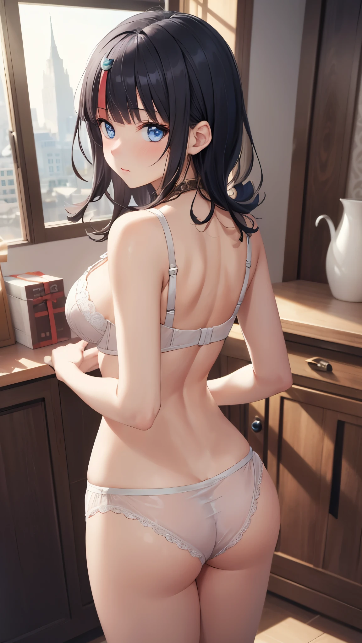 masterpiece, great quality, ultra detail, illustration, game cg, 1girl, solo, (FGOErice), collarbone, cleavage, blush, standing, indoors, lace bra, looking back at viewer