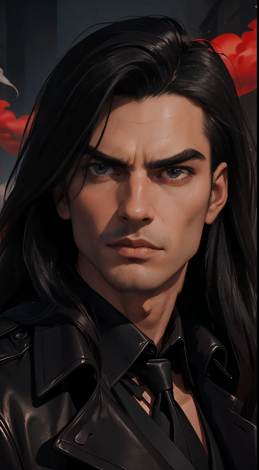 masterpiece, best quality:1.4), portrait Solo, male, man, young man, (((long hair))), ((dark eyes)), black hair, very long black hair ((black trench leather coat)), ((black suit))), an evil serious concentrated expression on his face, thin eyebrows, (red smoke everywhere)