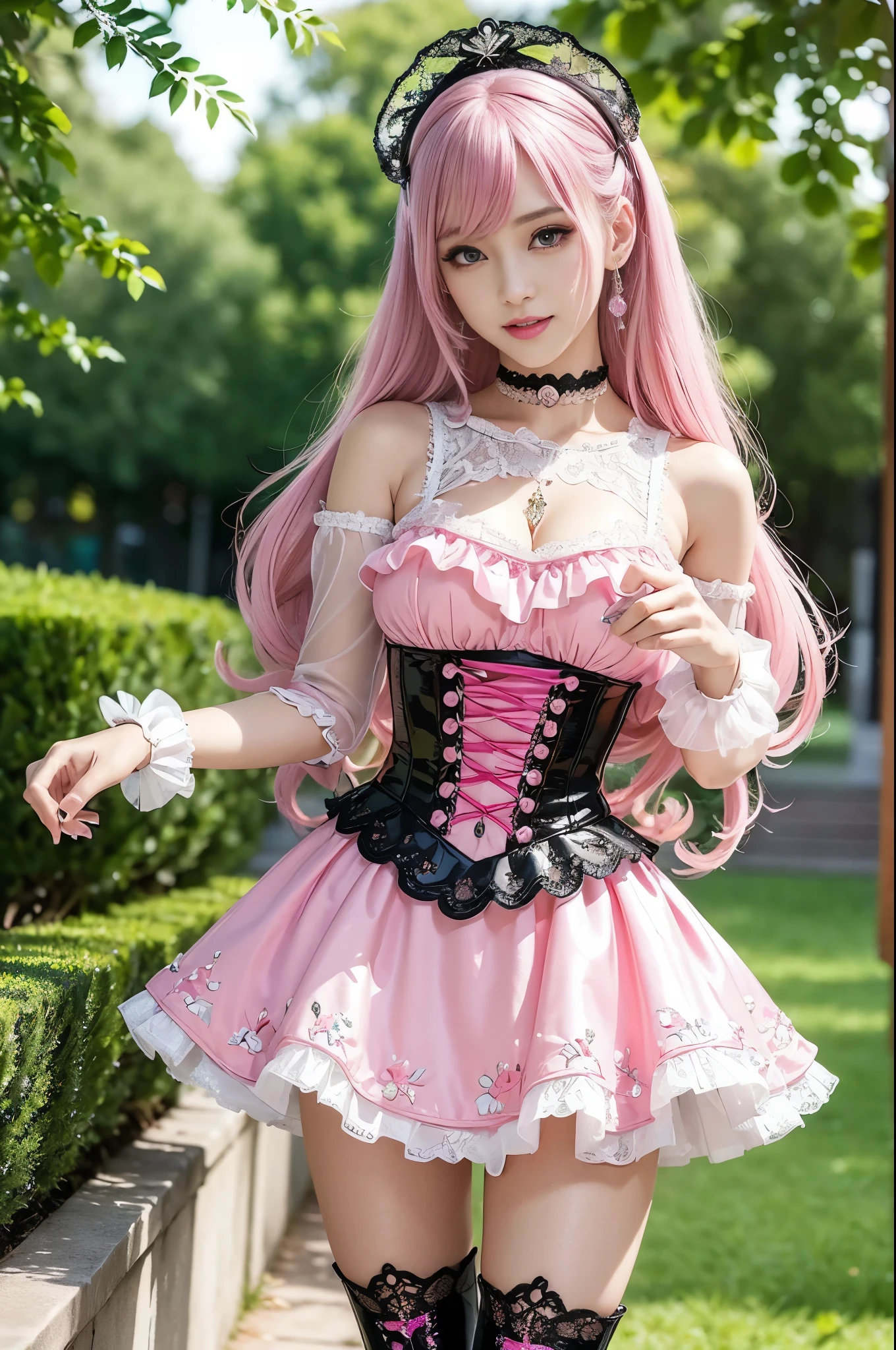 y stylish Swedish model, only 1 female, ((doll-like appearance)), long neon pink stylish hair, ((shiny Victorian-Style boots)), (big smile), very detailed eyes, very detailed eye makeup, lipgloss, long lashes, defined eyebrows, ((sexaradise Kiss cosplay)), bell-shaped skirt, petticoats, high neckline, puffedeves, (( ultra detailed lace)), ((ultra detailed embroidery)), intricate details, Paradise Kiss accessoires and matching headpiece, choker, ((large sparkling Paradise Kiss jewelry)), cinematic light, detailed large park background with trees