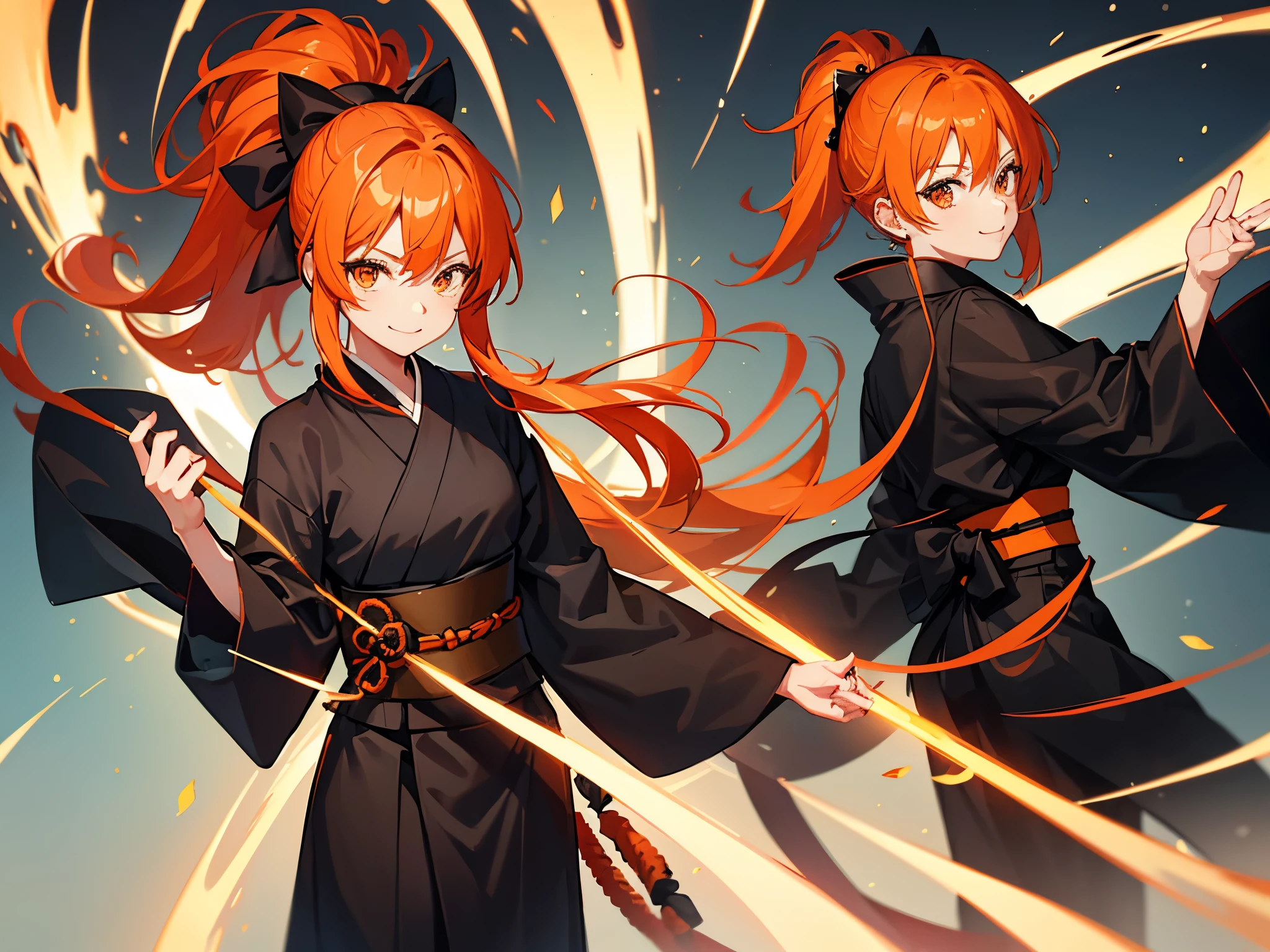 girl, orange hair, long hair, ponytail, black shihakusho, black kimono, black hakama, smile