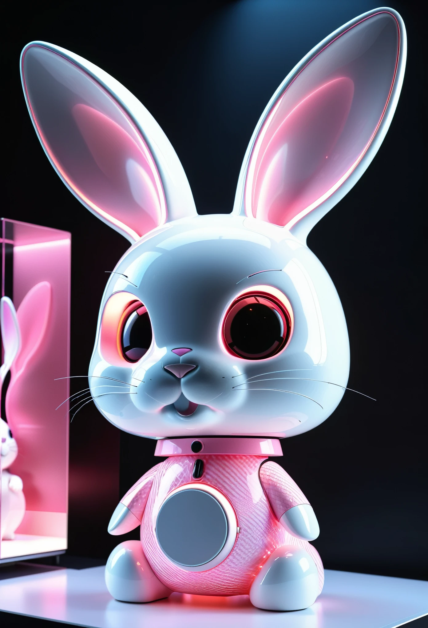 product design,(Bunny ears元素的耳机,Bunny ears:1.2),Pink and white,Future technology style,Streamlined appearance,Made of carbon fiber material,Rabbit relief pattern,3D Rendering,Unreal Engine 5,Octane Rendering,Ultra-high resolution,In a glass case on the exhibition stand,Luminescence,Indoor lighting,Maximalism,