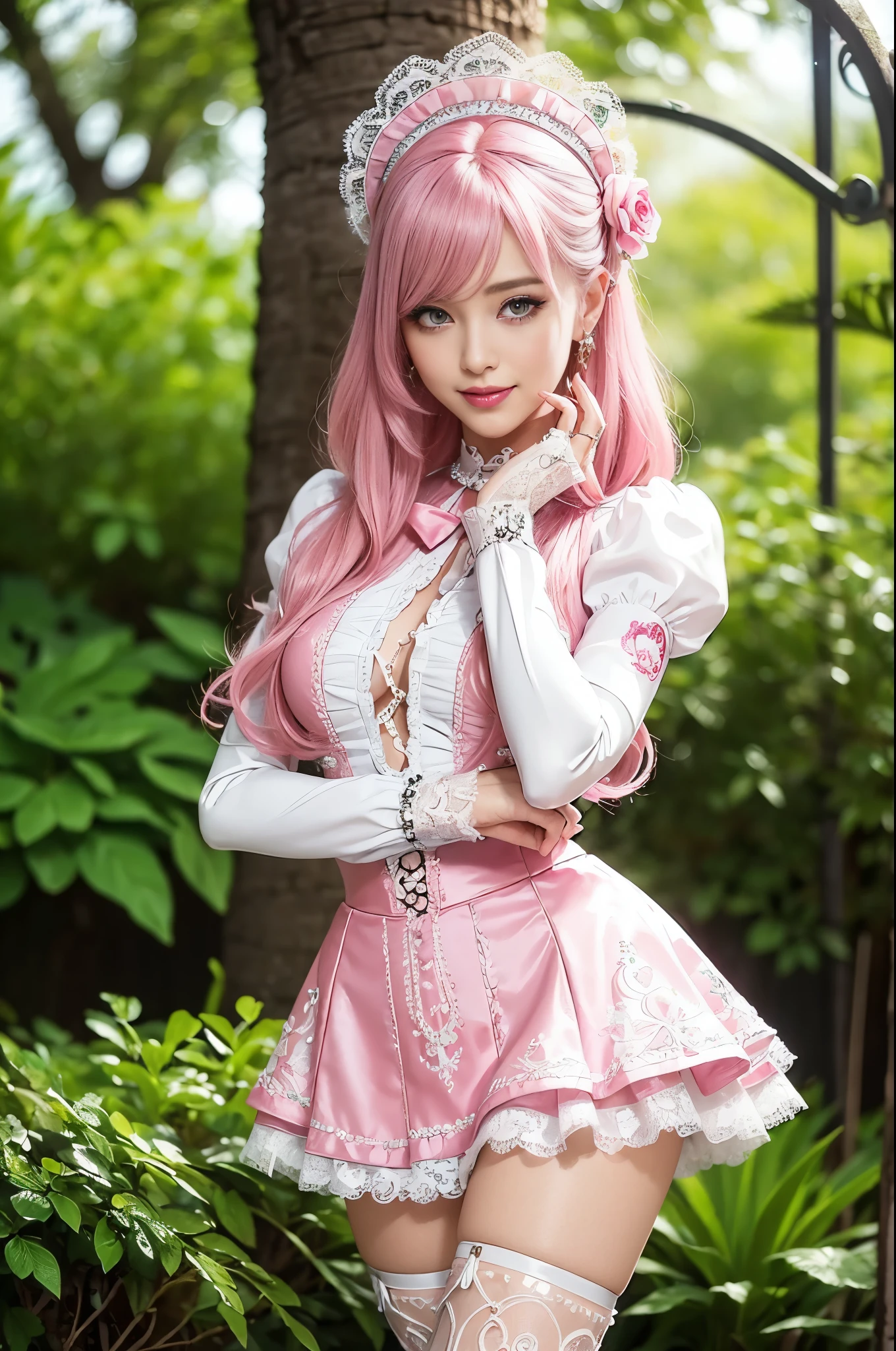 sexy stylish Swedish model, only 1 female, ((doll-like appearance)), long neon pink stylish hair, ((shiny Victorian-Style boots)), (big smile), very detailed eyes, very detailed eye makeup, lipgloss, long lashes, defined eyebrows, ((sexy Paradise Kiss cosplay)), bell-shaped skirt, petticoats, high neckline, puffed sleeves, (( ultra detailed lace)), ((ultra detailed embroidery)), intricate details, Paradise Kiss accessoires and matching headpiece, choker, ((large sparkling Paradise Kiss jewelry)), cinematic light, detailed large park background with trees