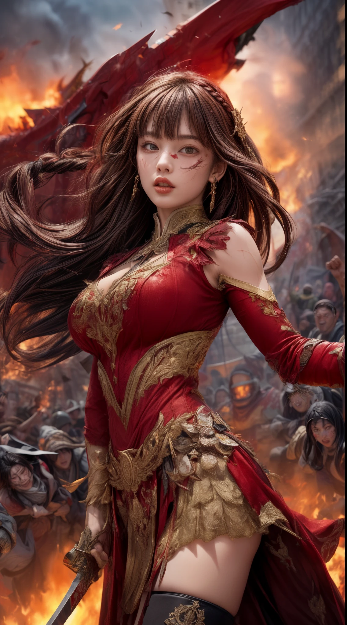 Very beautiful woman、Slender women、(Detailed face)、Realistic Skin、((Knight of Fire)), (((Red Armor:1.25)))、((((Black armor with very fine and intricate decoration))))、((Delicate photo))，(Girl Astepeace RAW Photo Details:1.25), (highest quality:1.6), (超A high resolution:1.5), (Realistic:1.75), 8K resolution, Canon EOS R5, 50mm, Absurd, Ultra-detailed,Cinema Lighting,Battlefields of Medieval Europe、((battle))、RPG World、Final Fantasy、(((Embellished skirt)))、Thigh-high socks、Shin Guards、night、((too long bangs))、((One long thick dark red hair braid))、Get six-pack、Torn Cloak、Beautiful Armor、(((Giant Sword)))、In combat、The wind is blowing、(((Inferno filling the entire area)))、(((Leading a large group of red knights)))、(((Knight Commander)))、Armor with a Phoenix motif、Old wounds on the face:1.2、((Fire blaze))