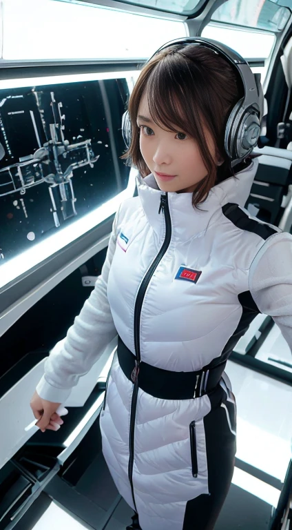 highest quality, Ultra-high resolution, (Realistic: 1.4), Inside the space station, Fitness Area, Astronaut training equipment, Zero Gravity Treadmill, Resistance Band Training Equipment, Floating Dumbbell, LED lighting, Wide々and space, Wall-mounted screen, Fitness equipment storage, Large windows with natural light, Globe seen from the window, Futuristic Design, And the fine details.
In the foreground, Young woman in futuristic training wear, Designed for space. She's stylish, Form-fitting silver and black exercise suit with reflective details, Ideal for zero gravity training. Her hair is tied in a high ponytail, She has a focused yet determined look on her face..
She is in training, standing on the Zero Gravity Treadmill, She is doing curls while holding a floating dumbbell in one hand. Her posture is strong and balanced, Showing off her fitness and poise. The camera angle is a little low, Capture her whole body in a dynamic pose, Highlighting the futuristic workout gear and advanced fitness equipment around her.
The background is the spacious Fitness Area of the space station, with LED lighting highlighting the advanced machinery. Large windows let in plenty of natural light, A spectacular view of the Earth, It creates a breathtaking contrast between the high-tech interior and the natural beauty of the space..