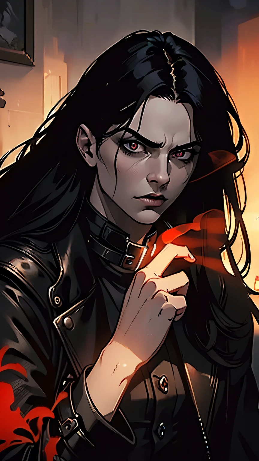 (best quality,4k,8k,highres,masterpiece:1.2),ultra-detailed,(realistic,photorealistic,photo-realistic:1.37),masterpiece, best quality:1.4), portrait Solo, male, man, young man, (((long hair))), ((dark eyes)), black hair, very long black hair ((black trench leather coat)), ((black suit))), an evil serious concentrated expression on his face, thin eyebrows, (red smoke everywhere),silhouette,surreal background,mysterious atmosphere,intense emotions,melancholic expression,dim candlelight,lens flare,dramatic shadows,symbolic elements,heavy makeup,pale and dark colors,misty fog,ethereal beauty,subtle texture
