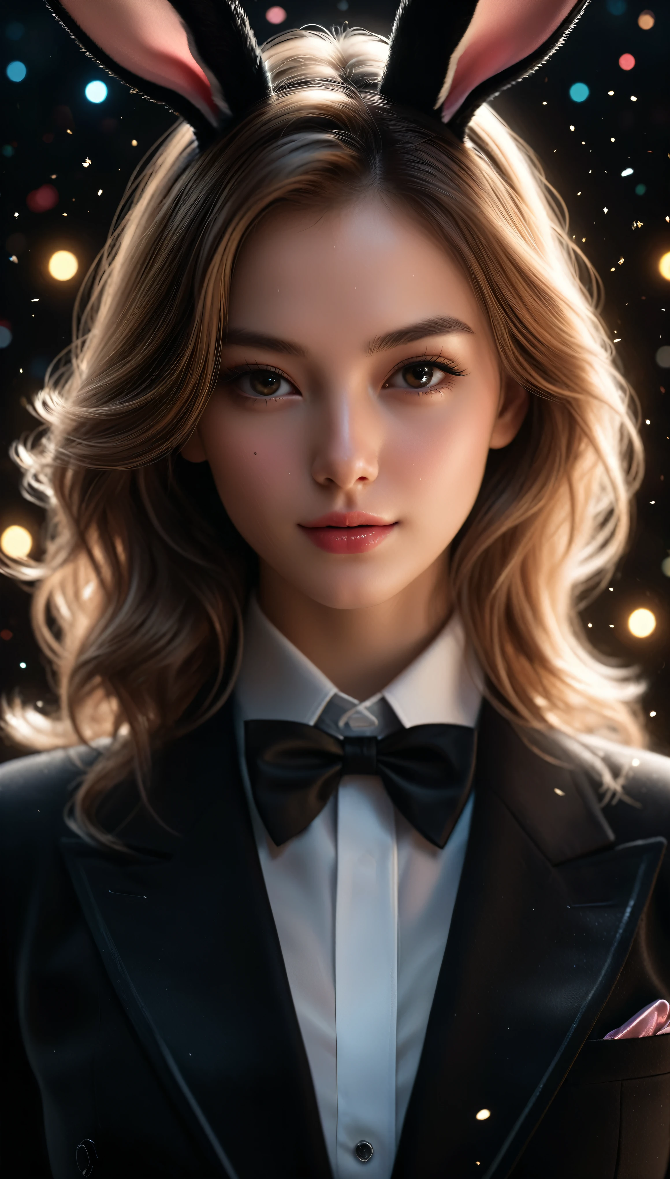 ((Masterpiece in maximum 16K resolution):1.6),((soft_color_photograpy:)1.5), ((Ultra-Detailed):1.4),((Movie-like still images and dynamic angles):1.3). | ((cinematic photo of beautiful playboy bunny wearing her tuxedo suit with her cute rabbit):1.3), (Beautiful playboy bunny), (wearing playboy tuxedo suit), ((focus on the rabbit):1.2), (cinematic lens), (glitters), (glamourous shot), (luminous object), (Party atmosphere), (shimmer), (visual experience),(Realism), (Realistic),award-winning graphics, dark shot, film grain, extremely detailed, Digital Art, rtx, Unreal Engine, scene concept anti glare effect, All captured with sharp focus. | Rendered in ultra-high definition with UHD and retina quality, this masterpiece ensures anatomical correctness and textured skin with super detail. With a focus on high quality and accuracy, this award-winning portrayal captures every nuance in stunning 16k resolution, immersing viewers in its lifelike depiction. | ((perfect_composition, perfect_design, perfect_layout, perfect_detail, ultra_detailed)), ((enhance_all, fix_everything)), More Detail, Enhance.