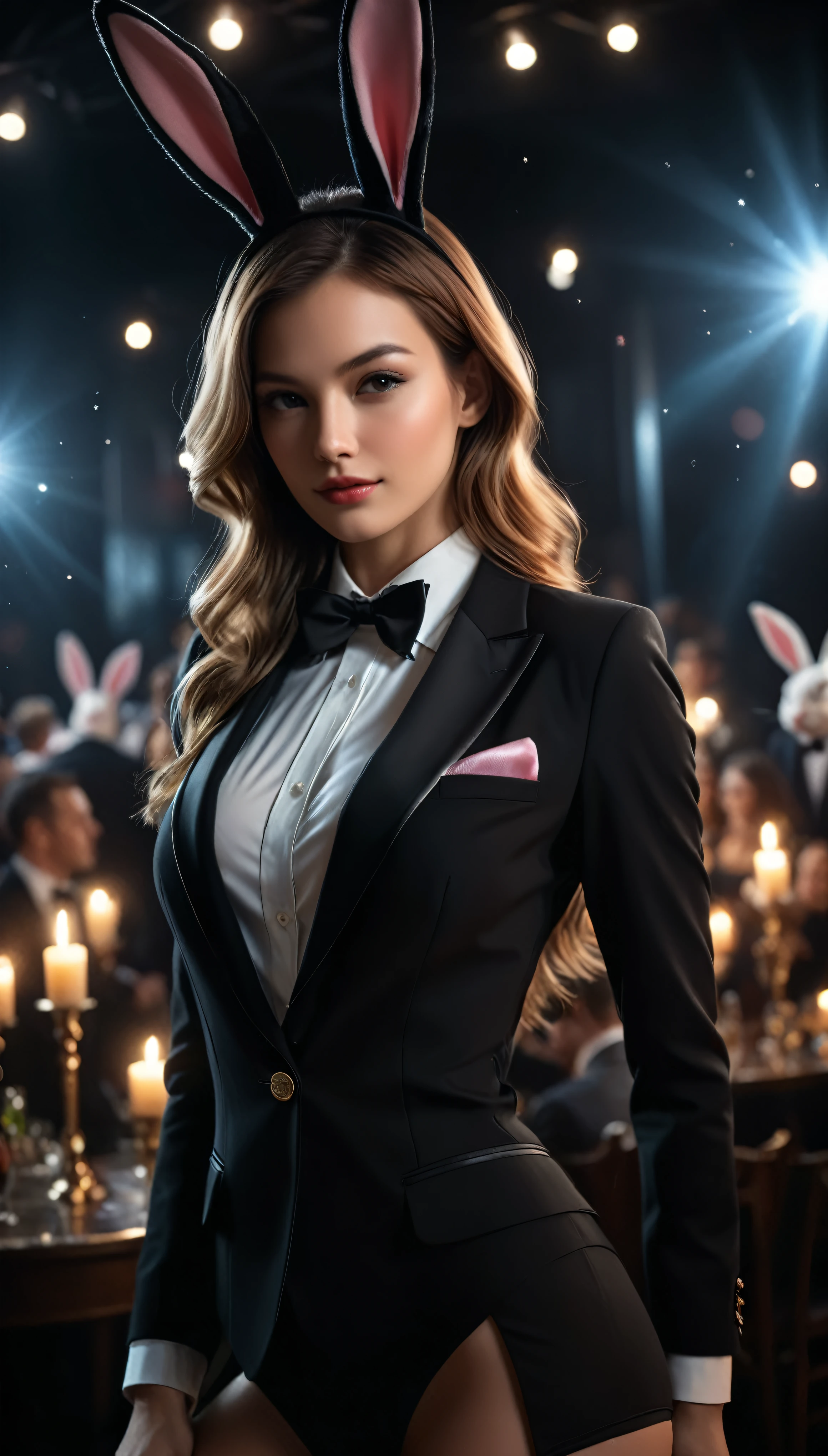 ((Masterpiece in maximum 16K resolution):1.6),((soft_color_photograpy:)1.5), ((Ultra-Detailed):1.4),((Movie-like still images and dynamic angles):1.3). | ((cinematic photo of beautiful playboy bunny wearing her tuxedo suit with her cute rabbit):1.3), (Beautiful playboy bunny), (wearing playboy tuxedo suit), ((focus on the rabbit):1.2), (cinematic lens), (glitters), (glamourous shot), (luminous object), (Party atmosphere), (shimmer), (visual experience),(Realism), (Realistic),award-winning graphics, dark shot, film grain, extremely detailed, Digital Art, rtx, Unreal Engine, scene concept anti glare effect, All captured with sharp focus. | Rendered in ultra-high definition with UHD and retina quality, this masterpiece ensures anatomical correctness and textured skin with super detail. With a focus on high quality and accuracy, this award-winning portrayal captures every nuance in stunning 16k resolution, immersing viewers in its lifelike depiction. | ((perfect_composition, perfect_design, perfect_layout, perfect_detail, ultra_detailed)), ((enhance_all, fix_everything)), More Detail, Enhance.