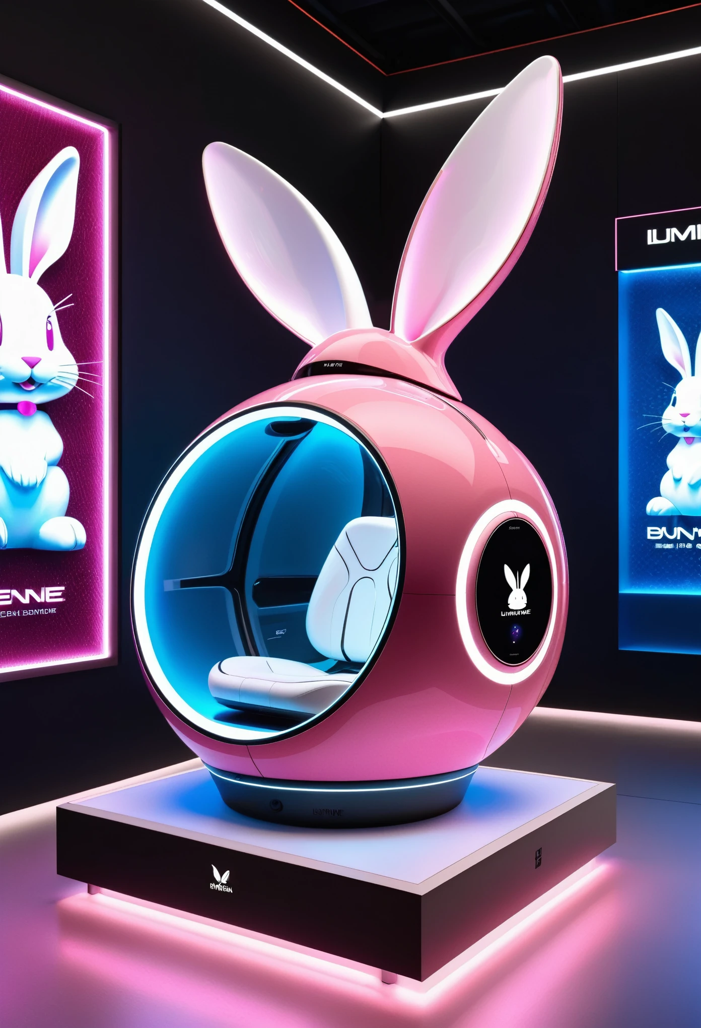 product design,(Bunny ears元素的耳机,Bunny ears:1.2),Pink and white,Future technology style,Streamlined appearance,Made of carbon fiber material,Rabbit relief pattern,3D Rendering,Unreal Engine 5,Octane Rendering,Ultra-high resolution,In a glass case on the exhibition stand,Luminescence,Indoor lighting,Maximalism,