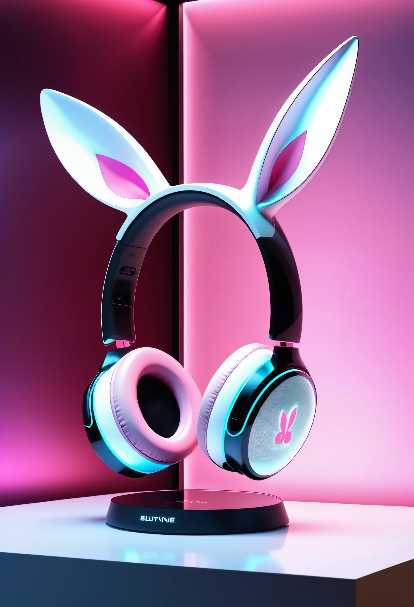 product design，(Bunny ears元素的耳机,Bunny ears:1.2)，Pink and white，Future technology style，Streamlined appearance，Made of carbon fiber material，Rabbit relief pattern，3D Rendering，Unreal Engine 5，Octane Rendering，Ultra-high resolution，In a glass case on the exhibition stand，Luminescence，Indoor lighting,Maximalism，