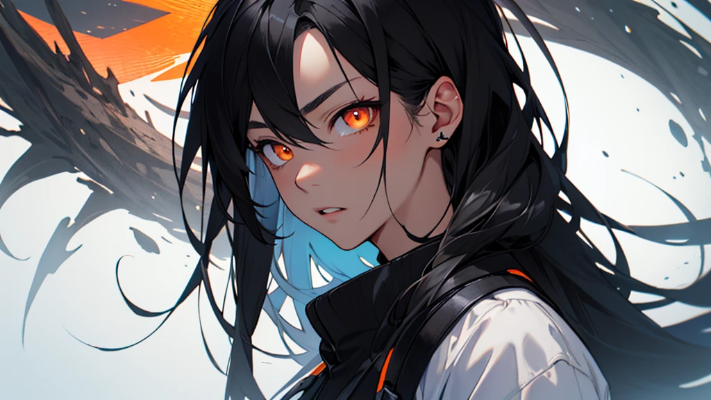 Girl with orange eyes and black hair looking to the side. She has long black hair . She has orange eyes、Has a serious expression。.