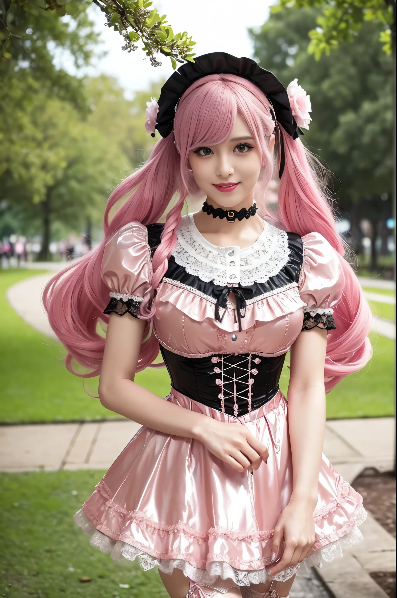 sexy stylish Swedish model, only 1 female, ((doll-like appearance)), long neon pink stylish hair, ((shiny Victorian-Style boots)), (big smile), very detailed eyes, very detailed eye makeup, lipgloss, long lashes, defined eyebrows, ((sexy Paradise Kiss cosplay)), bell-shaped skirt, petticoats, high neckline, puffed sleeves, (( ultra detailed lace)), ((ultra detailed embroidery)), intricate details, Paradise Kiss accessoires and matching headpiece, choker, ((large sparkling Paradise Kiss jewelry)), cinematic light, detailed large park background with trees