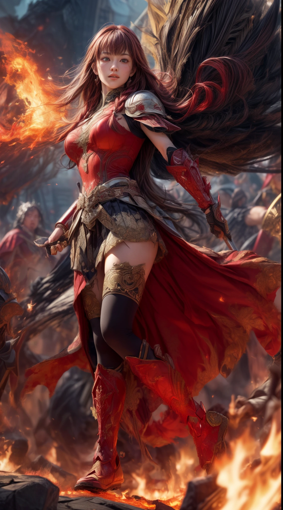 Very beautiful woman、Slender women、(Detailed face)、Realistic Skin、((Knight of Fire)), (((Red Armor:1.25)))、((((Black armor with very fine and intricate decoration))))、((Delicate photo)),(Girl Astepeace RAW Photo Details:1.25), (highest quality:1.6), (超A high resolution:1.5), (Realistic:1.75), 8K resolution, Canon EOS R5, 50mm, Absurd, Ultra-detailed,Cinema Lighting,Battlefields of Medieval Europe、((battle))、RPG World、Final Fantasy、(((Embellished skirt)))、Thigh-high socks、Shin Guards、night、((too long bangs))、((One long thick dark red hair braid))、Get six-pack、Torn Cloak、Beautiful Armor、(((Giant Sword)))、In combat、The wind is blowing、(((Inferno filling the entire area)))、(((Leading a large group of red knights)))、(((Knight Commander)))、Armor with a Phoenix motif、Old scar on right cheek:1.2、((Fire blaze))