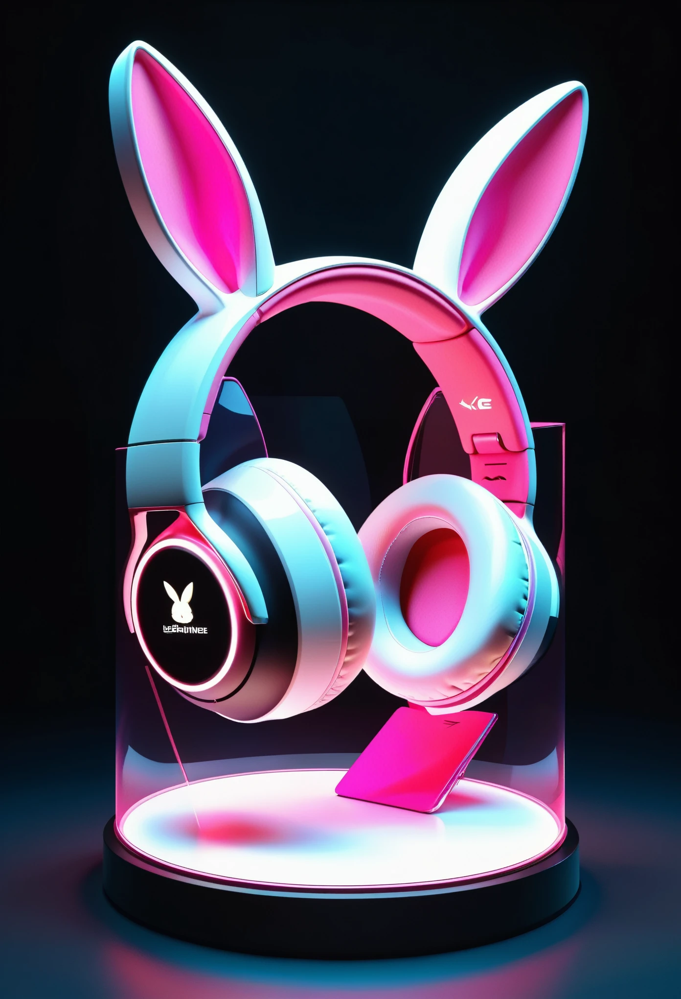 product design,(Bunny ears元素的耳机,Bunny ears:1.2),Pink and white,Future technology style,Streamlined appearance,Made of carbon fiber material,Rabbit relief pattern,3D Rendering,Unreal Engine 5,Octane Rendering,Ultra-high resolution,In a glass case on the exhibition stand,Luminescence,Indoor lighting,C4D Renderer,3D Model,Intricate details,Best quality,Ultra HD