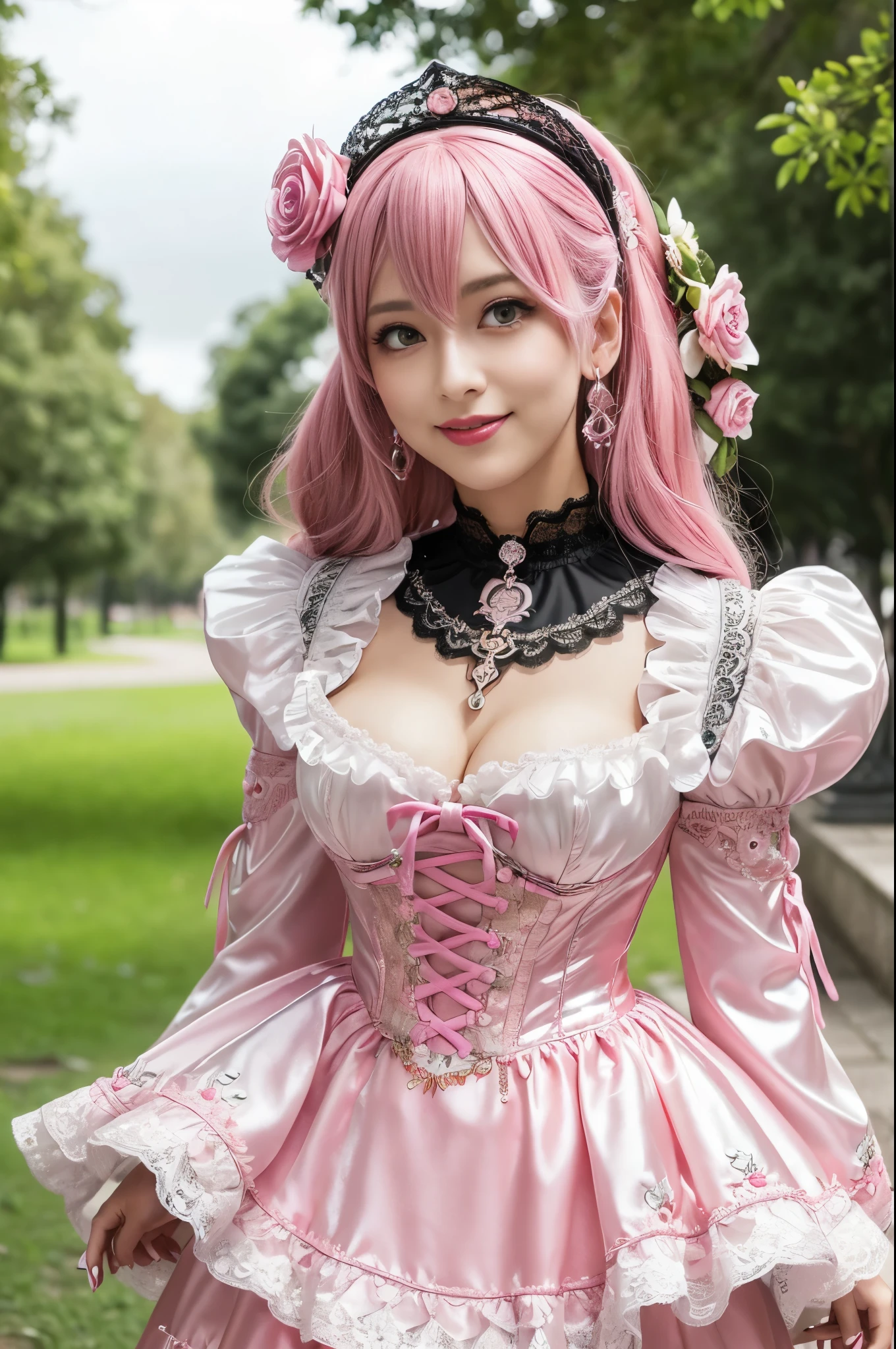 sexy stylish Swedish model, only 1 female, ((doll-like appearance)), long neon pink stylish hair, ((shiny Victorian-Style boots)), (big smile), very detailed eyes, very detailed eye makeup, lipgloss, long lashes, defined eyebrows, ((sexy Paradise Kiss cosplay)), bell-shaped skirt, petticoats, high neckline, puffed sleeves, (( ultra detailed lace)), ((ultra detailed embroidery)), intricate details, Paradise Kiss accessoires and matching headpiece, choker, ((large sparkling Paradise Kiss jewelry)), cinematic light, detailed large park background with trees