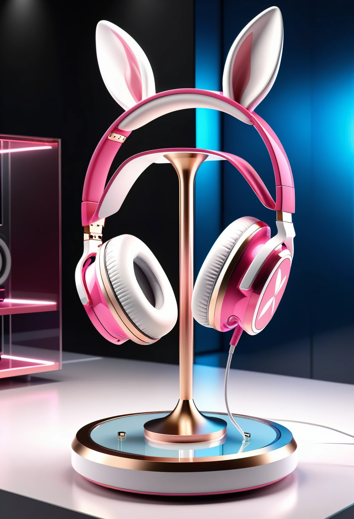 a highly detailed, award-winning product design of a sleek, futuristic-style headphone with rabbit ear elements, made of pink and white carbon fiber material, with a rabbit relief pattern, displayed in a glass cabinet on a pedestal under indoor lighting, 3D rendered using Octane and Cinema 4D, masterpiece, ultra-detailed, hyper-realistic, 8k