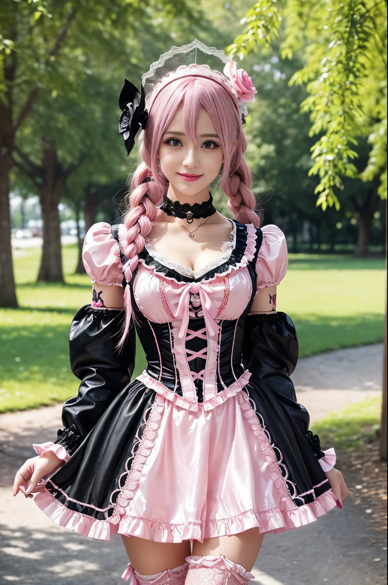 sexy stylish Swedish model, only 1 female, ((doll-like appearance)), long neon pink stylish hair, ((shiny Victorian-Style boots)), (big smile), very detailed eyes, very detailed eye makeup, lipgloss, long lashes, defined eyebrows, ((sexy Paradise Kiss cosplay)), bell-shaped skirt, petticoats, high neckline, puffed sleeves, (( ultra detailed lace)), ((ultra detailed embroidery)), intricate details, Paradise Kiss accessoires and matching headpiece, choker, ((large sparkling Paradise Kiss jewelry)), cinematic light, detailed large park background with trees