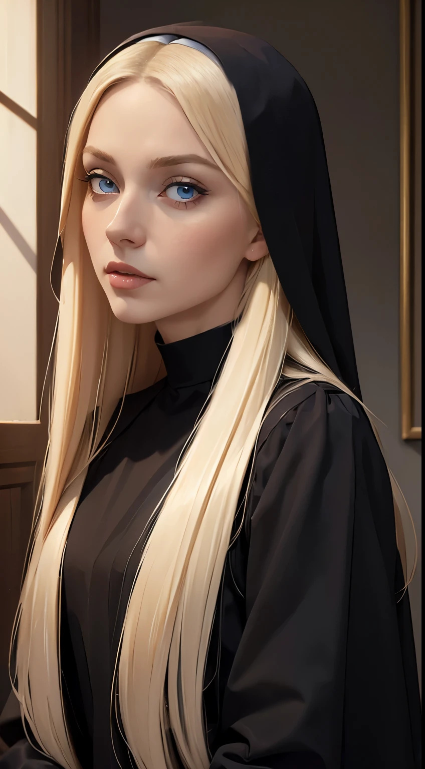 (masterpiece, best quality:1.4), portrait Solo, Pure blond straight hair, black clothes, (long hair) (((straight hair))), Detailed hair, Blue Eyes, beautiful eyes, light on the face, pale skin, a 50 year old mysterious, dark, woman, nun,