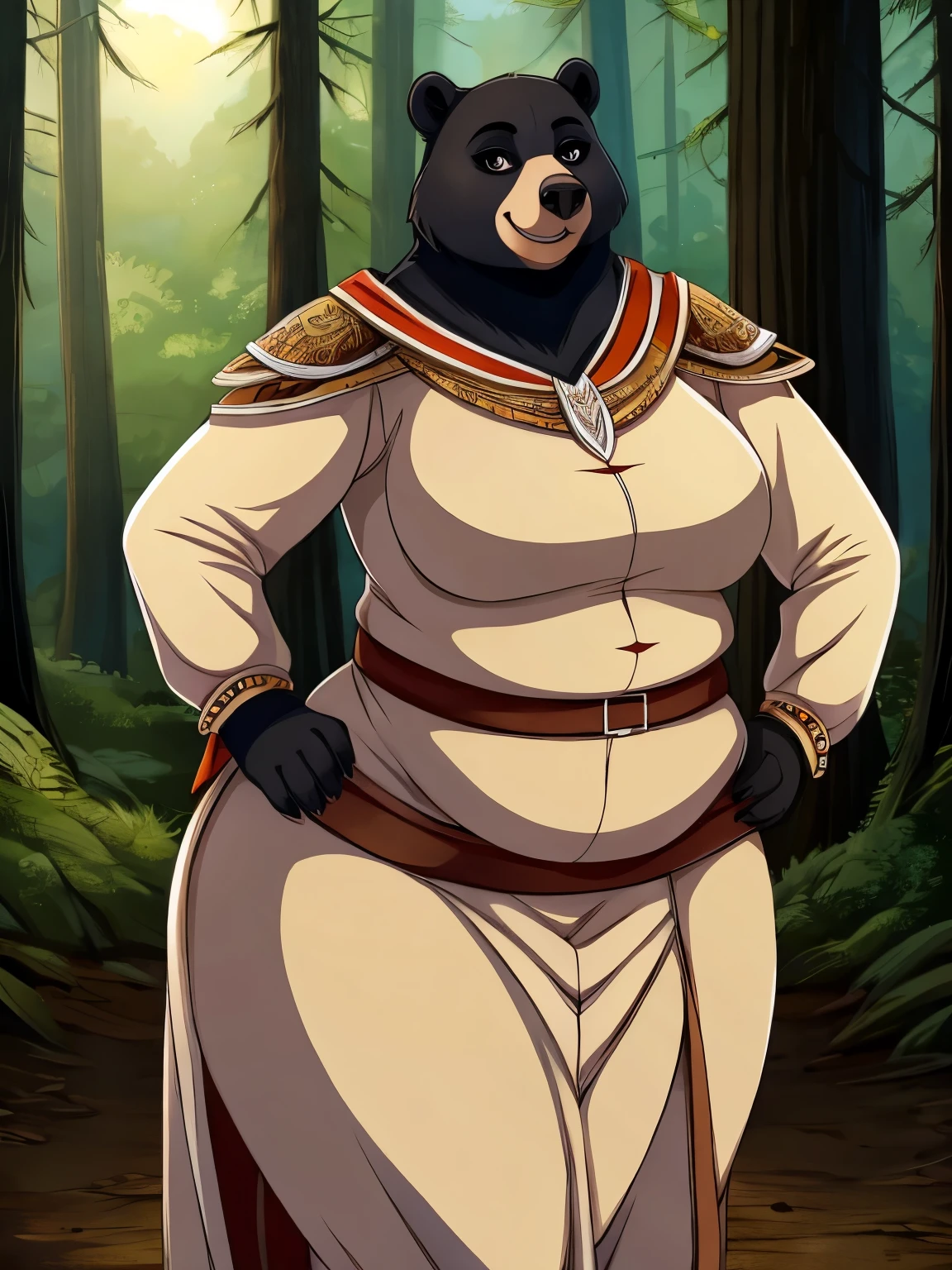 female, black bear, fat, obese, massive hips, grey anime eyes, Slavic clothing, hand on hip, smile, forest