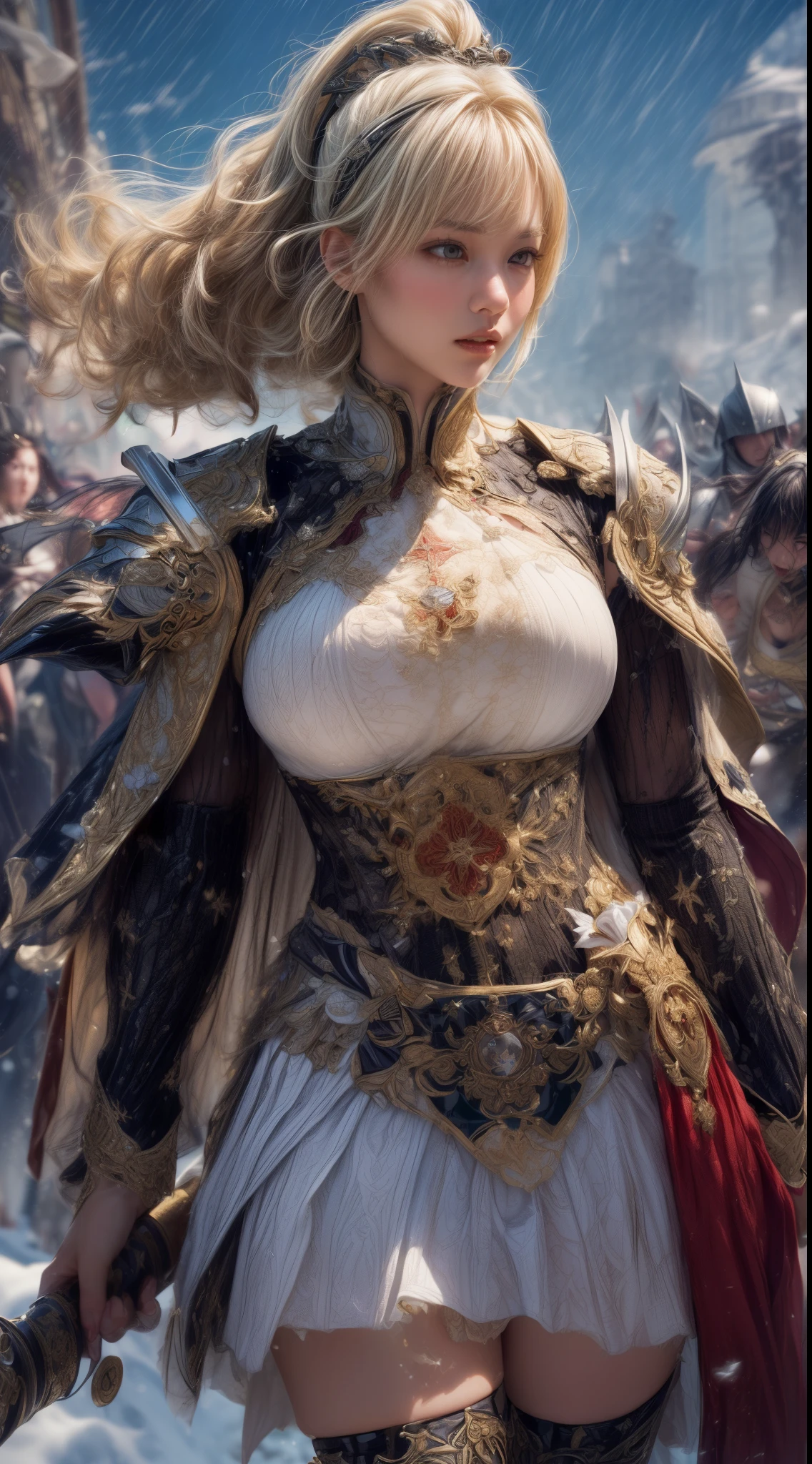 Very beautiful woman、Slender women、(Detailed face)、Realistic Skin、((holy knight)), ((Pearl White Armor))、((((Black armor with very fine and intricate decoration:1.1))))、((Delicate photo)),(Girl Astepeace RAW Photo Details:1.25), (highest quality:1.6), (超A high resolution:1.5), (Realistic:1.75), 8K resolution, Canon EOS R5, 50mm, Absurd, Ultra-detailed,Cinema Lighting,((battlefield))、((battle))、(((White skirt with embellishments)))、Thigh-high socks、Shin Guards、((Blonde))、((Curly Hair))、((Drill Hair))、((Wavy short hair with bangs,))、Get six-pack、Cape、Beautiful Armor、(((Has a huge weapon)))、(In combat)、The wind is blowing、((Symmetrical Armor))、((((Blizzard))))、(((Leading a large group of knights:1.2)))、Banner、
