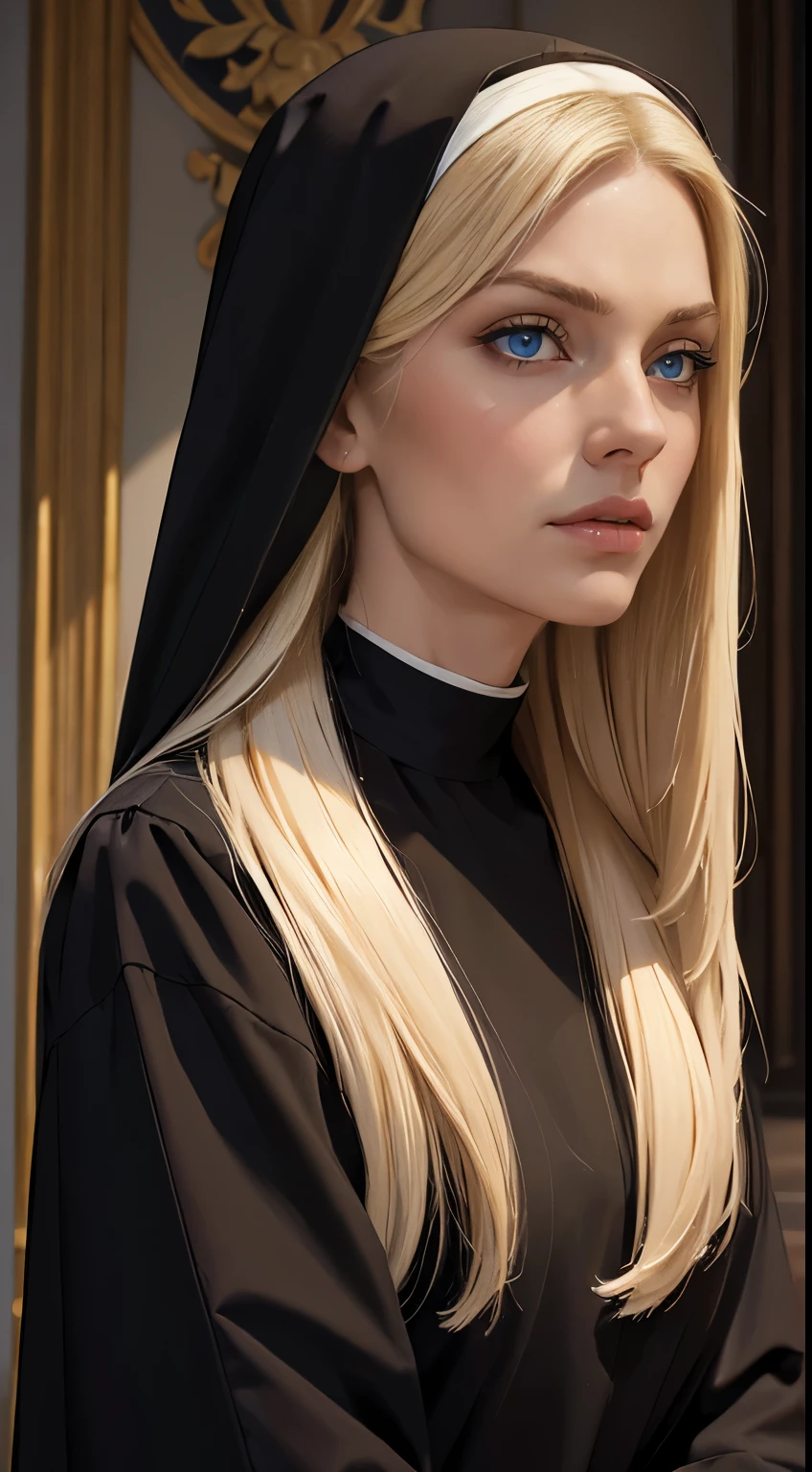(masterpiece, best quality:1.4), portrait Solo, 50 years old, Pure blond straight hair, black clothes, (long hair) (((straight hair))), Detailed hair, Blue Eyes, beautiful eyes, light on the face, pale skin, a 50 year old mysterious, dark, woman, nun, 