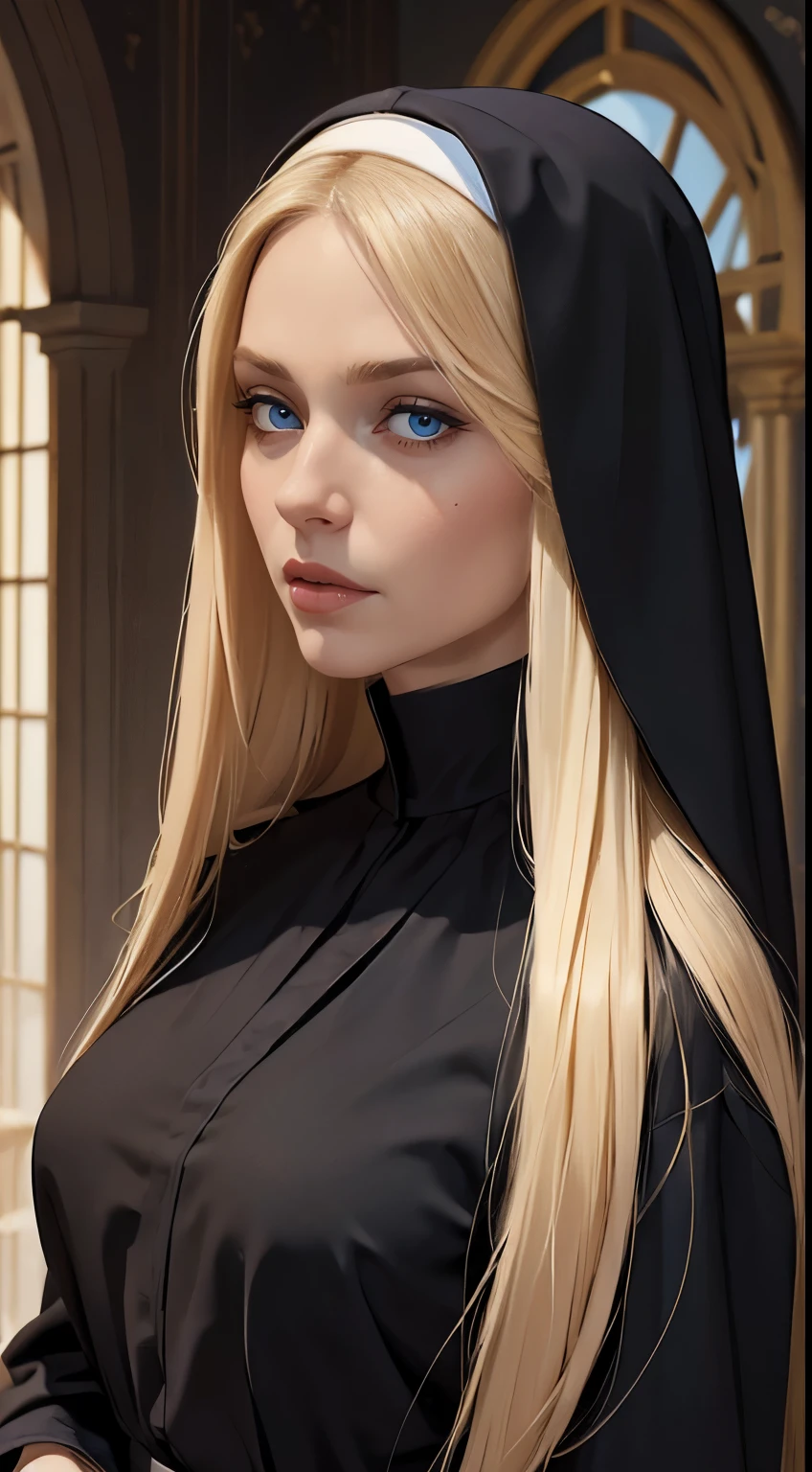 (masterpiece, best quality:1.4), portrait Solo, 50 years old, Pure blond straight hair, black clothes, (long hair) (((straight hair))), Detailed hair, Blue Eyes, beautiful eyes, light on the face, pale skin, a 50 year old mysterious, dark, woman, nun,