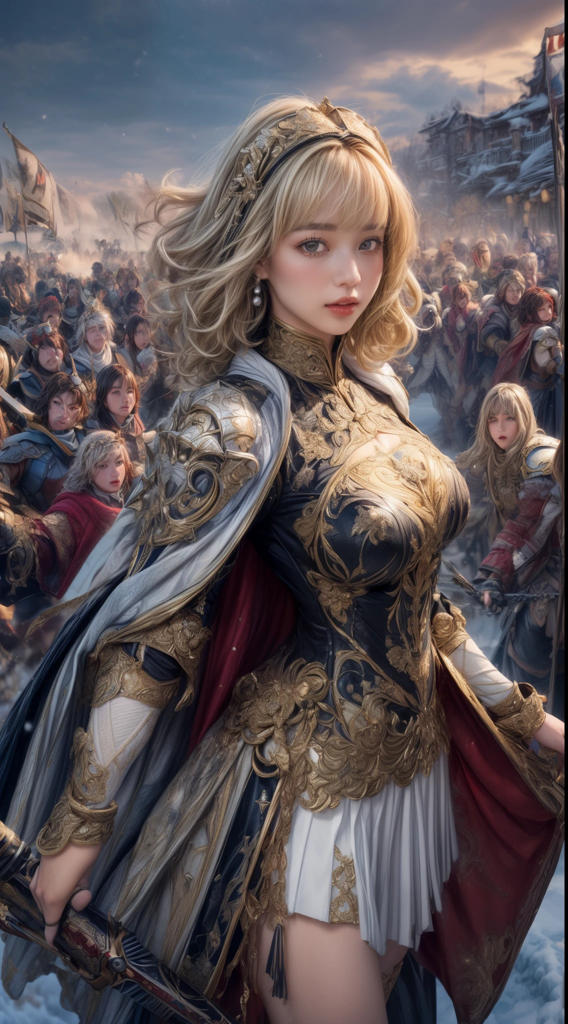 Very beautiful woman、Slender women、(Detailed face)、Realistic Skin、((holy knight)), ((Pearl White Armor))、((((Black armor with very fine and intricate decoration:1.1))))、((Delicate photo))，(Girl Astepeace RAW Photo Details:1.25), (highest quality:1.6), (超A high resolution:1.5), (Realistic:1.75), 8K resolution, Canon EOS R5, 50mm, Absurd, Ultra-detailed,Cinema Lighting,((battlefield))、((battle))、(((White skirt with embellishments)))、Thigh-high socks、Shin Guards、((Blonde))、((Curly Hair))、((Drill Hair))、((Wavy short hair with bangs,))、Get six-pack、Cape、Beautiful Armor、(((Has a huge weapon)))、(In combat)、The wind is blowing、((Symmetrical Armor))、((((Blizzard))))、(((Leading a large group of knights:1.2)))、Banner、