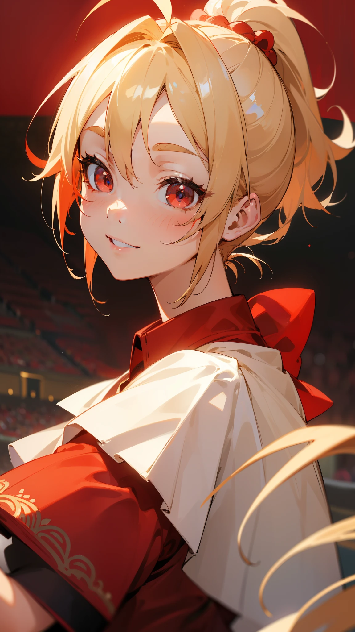 (masterpiece, highest quality)、Intricate details、8k、Sharp focus、(Bokeh) (highest quality) (Detailed skin:1.3) (Intricate details) (8k) (Fine grain) (anime)、Blonde ponytail、Ahoge、Beautiful red eyes、smile、Vibrant colors、Red Shirt、red wristbands、smile、From the side、Upper body close-up、Stadium stand background
