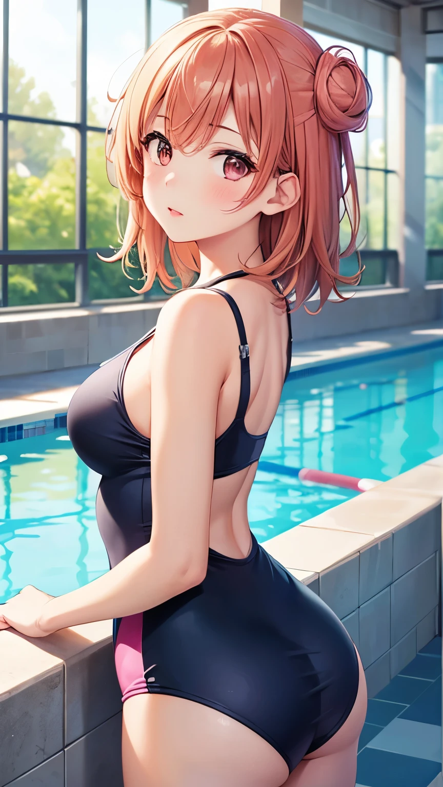 1girl, solo, masterpiece, best quality, high res, highly detailed, illustration, game cg, beatiful detailed eyes, yuigahama yui, single hair bun, glossy lips, light makeup, blush, indoor pool, one-piece swimsuit, looking back at viewer