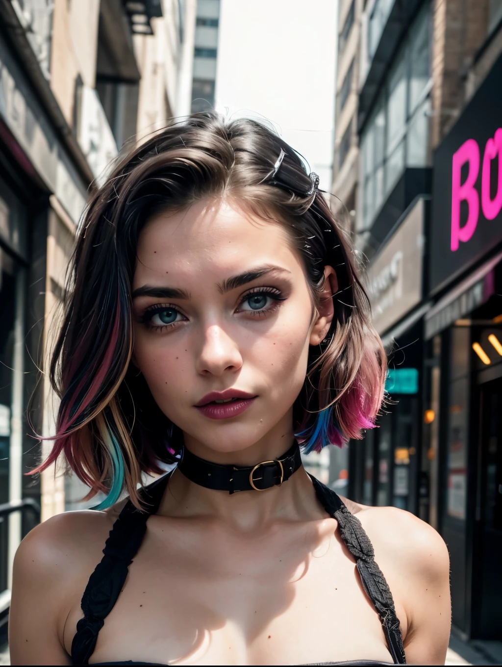 Photo brute, superbe photo dans un style cyberpunk, fermer, fille cyberpunk, cheveux longs multicolores (roses, noirs, blancs), maquillage lumineux, forme d&#39;Athlete, veste de cuir, bracelets sur les bras, Short en cuir, protections sur les bras et les jambes, Nuit, rue, Nuit city,  le clair de lune traverse les cheveux, Photo sombre, regarde le spectateur