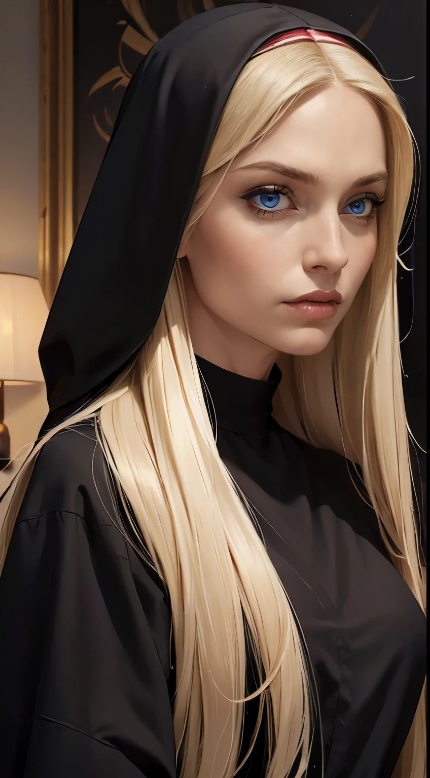 (masterpiece, best quality:1.4), portrait Solo, (((60 years old))), Pure blond straight hair, black clothes, (long hair) (((straight hair))), Detailed hair, Blue Eyes, beautiful eyes, light on the face, pale skin, a 50 year old mysterious, dark, woman, nun, 