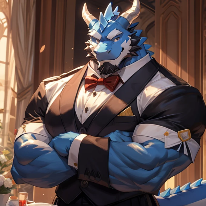 A big strong muscular huge male blue dragon with a huge massive penis  in a butler outfit and looking at you,he really strong arm and pecs,the outfit is quite tight showing how strong his arms are,he is smiling at you