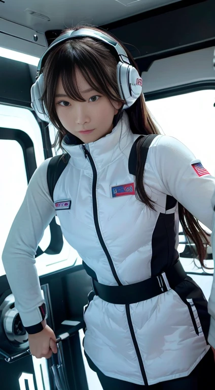 highest quality, Ultra-high resolution, (Realistic: 1.4), Inside the space station, Fitness Area, Astronaut training equipment, Zero Gravity Treadmill, Resistance Band Training Equipment, Floating Dumbbell, LED lighting, Wide々and space, Wall-mounted screen, Fitness equipment storage, Large windows with natural light, Globe seen from the window, Futuristic Design, And the fine details. 

In the foreground, Young woman in futuristic training wear, Designed for space. She&#39;s stylish, Form-fitting silver and black exercise suit with reflective details, Ideal for zero gravity training. Her hair is tied in a high ponytail, She has a focused yet determined look on her face..

She is in training, standing on the Zero Gravity Treadmill, She is doing curls while holding a floating dumbbell in one hand. Her posture is strong and balanced, Showing off her fitness and poise. The camera angle is a little low, Capture her whole body in a dynamic pose, Highlighting the futuristic workout gear and advanced fitness equipment around her. 

The background is the spacious Fitness Area of the space station, with LED lighting highlighting the advanced machinery. Large windows let in plenty of natural light, A spectacular view of the Earth, It creates a breathtaking contrast between the high-tech interior and the natural beauty of the space..
