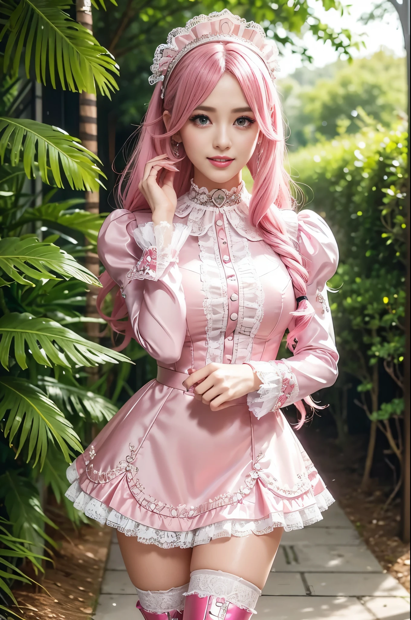 sexy stylish Swedish model, only 1 female, ((doll-like appearance)), long neon pink stylish hair, ((shiny Victorian-Style boots)), (big smile), very detailed eyes, vivid eye makeup, lipgloss, long lashes, defined eyebrows, ((sexy Paradise Kiss cosplay)), bell-shaped skirt, petticoats, high neckline, puffed sleeves, (( ultra detailed lace)), ((ultra detailed embroidery)), intricate details, Paradise Kiss accessoires and matching headpiece, choker, ((large sparkling Paradise Kiss jewelry)), cinematic light, detailed large park background with trees