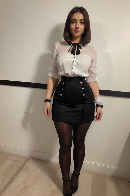 ((white blouse, high-waist black skirt, sheer black pantyhose, black round toe pump heel shoes)), 1 girl, 25 years old, 1.8 meters height, middle parted straight bob cut, beautiful brown hair, long eyelashes, big eyes, earrings, smiling, slender and curvy body, (small round bust), (firm bust: 1.5),(thin waist: 1.5), (wide hips: 1.2),(thick legs: 1.6), ((bracelet in left wrist, sports watch in right wrist)), (full body photo including feet: 1.5)
