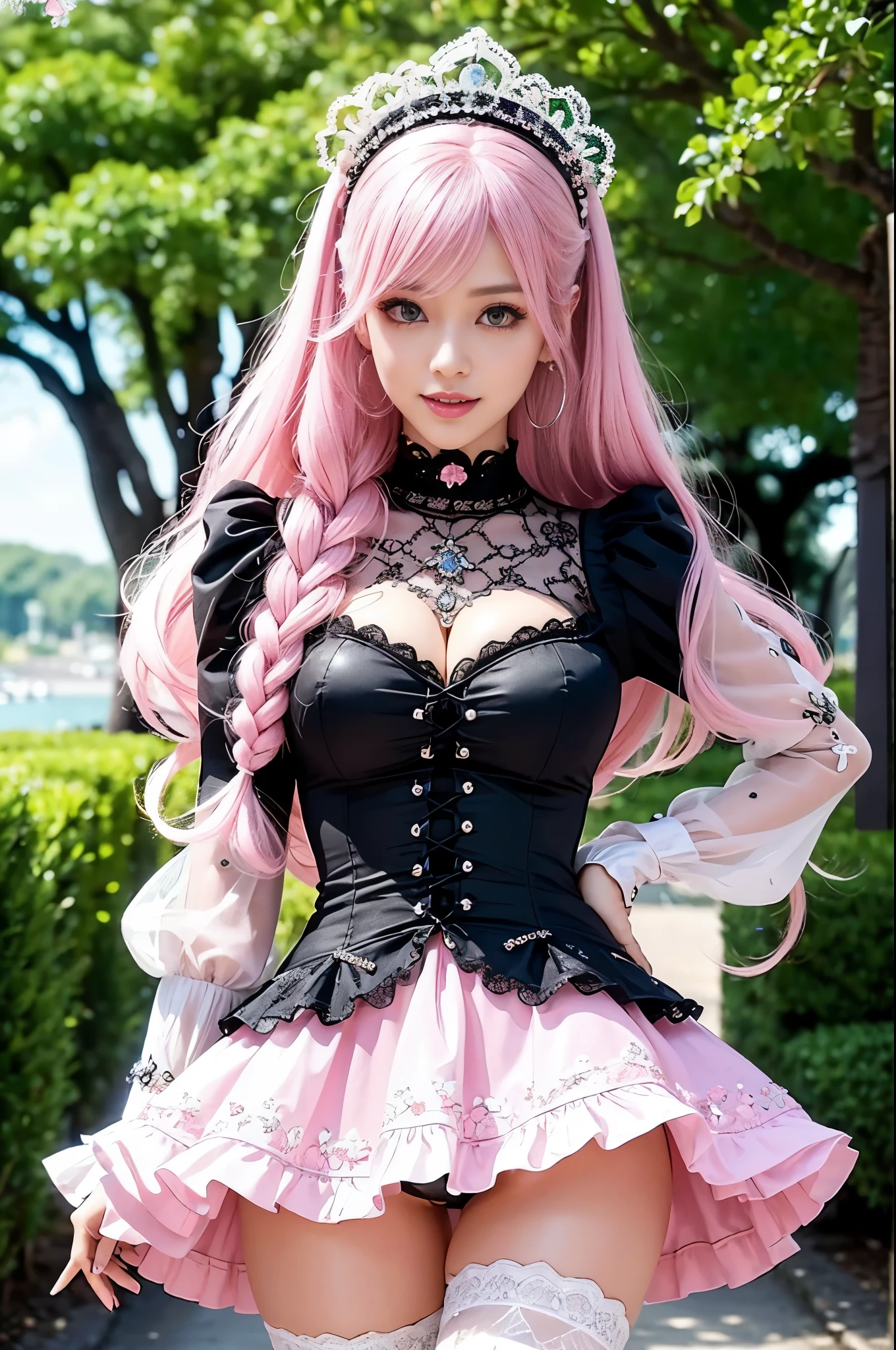sexy stylish Swedish model, only 1 female, ((doll-like appearance)), long neon pink stylish hair, ((shiny Victorian-Style boots)), (big smile), very detailed eyes, vivid eye makeup, lipgloss, long lashes, defined eyebrows, ((sexy Paradise Kiss cosplay)), bell-shaped skirt, petticoats, high neckline, puffed sleeves, (( ultra detailed lace)), ((ultra detailed embroidery)), intricate details, Paradise Kiss accessoires and matching headpiece, choker, ((large sparkling Paradise Kiss jewelry)), cinematic light, detailed large park background with trees